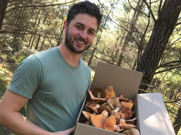 a youing man holding a cardboard box full of mushrooms