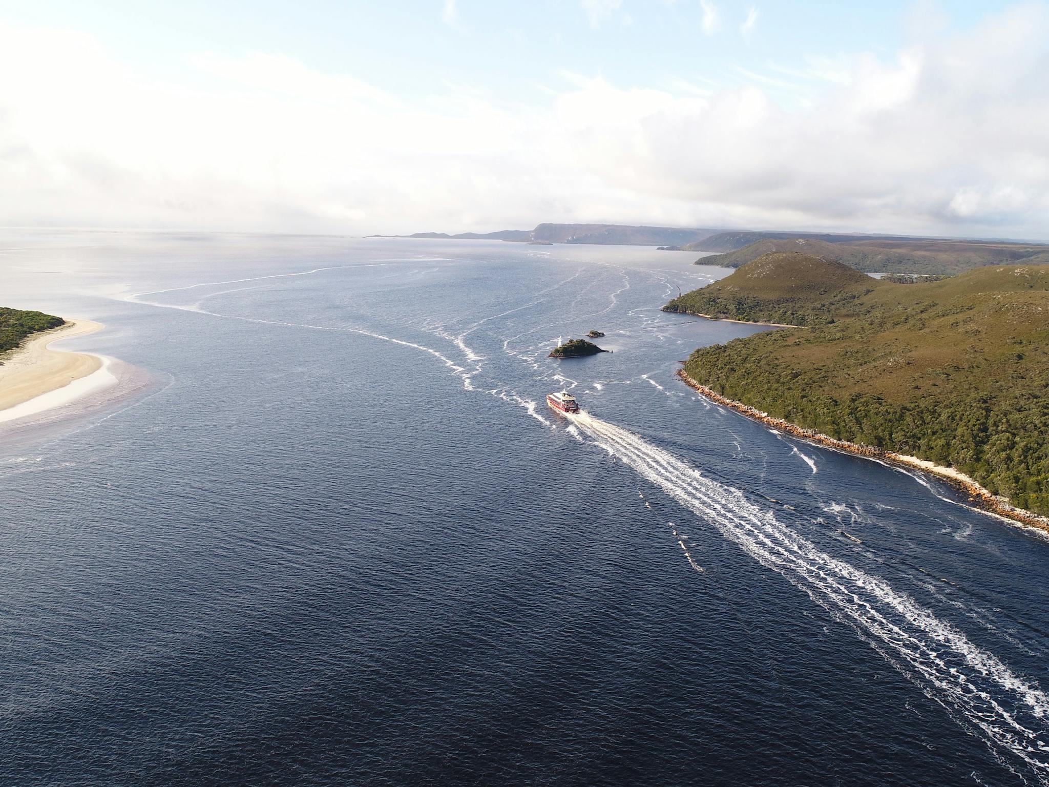 The Red Boat heading towards Sarah Island from Hells' Gates