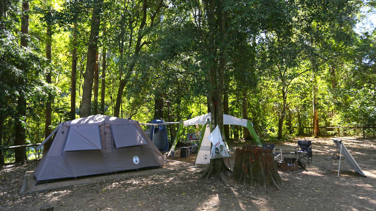 Tent and gazebo set up at camping area under shade of trees.