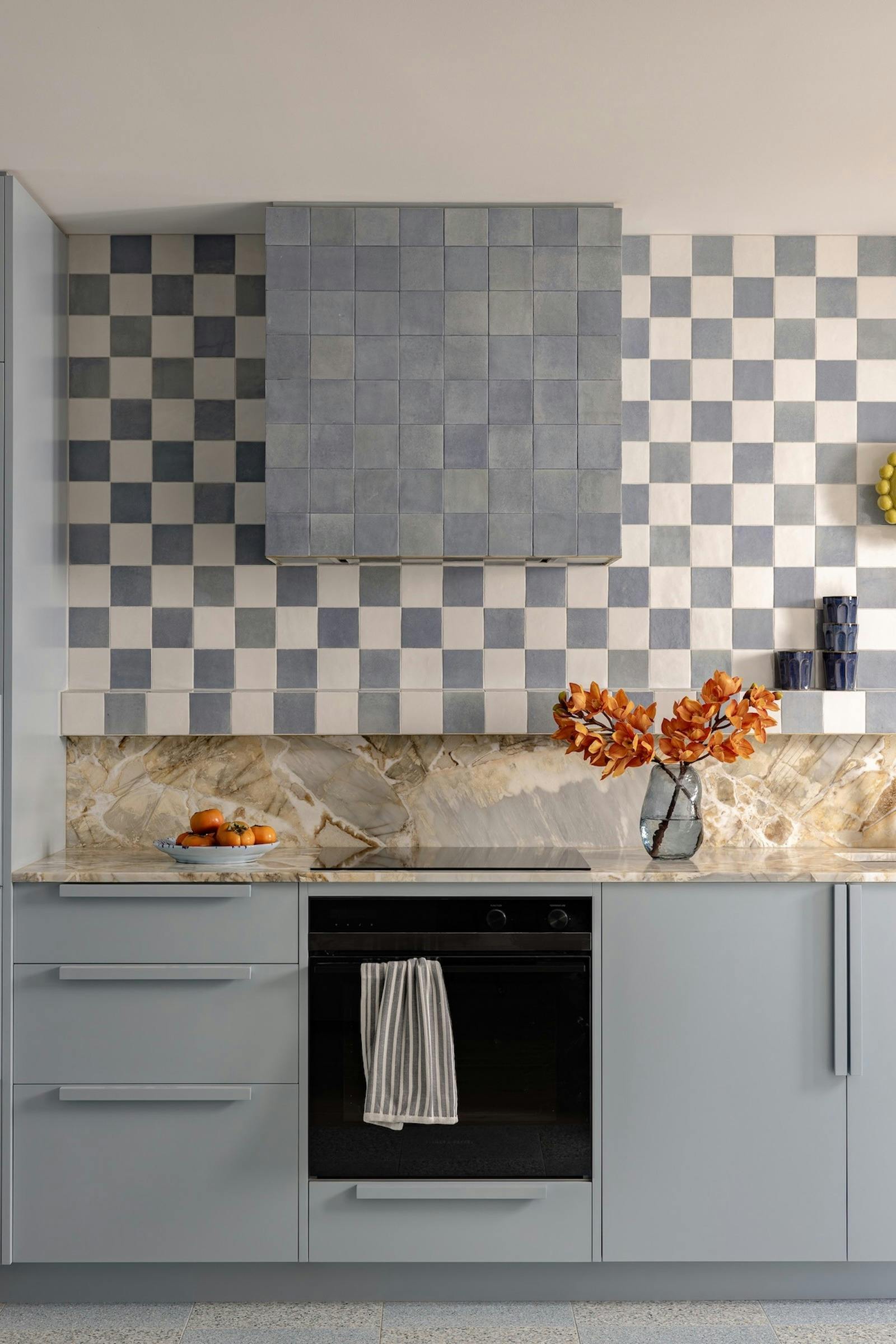A blue and white checkered kitchen