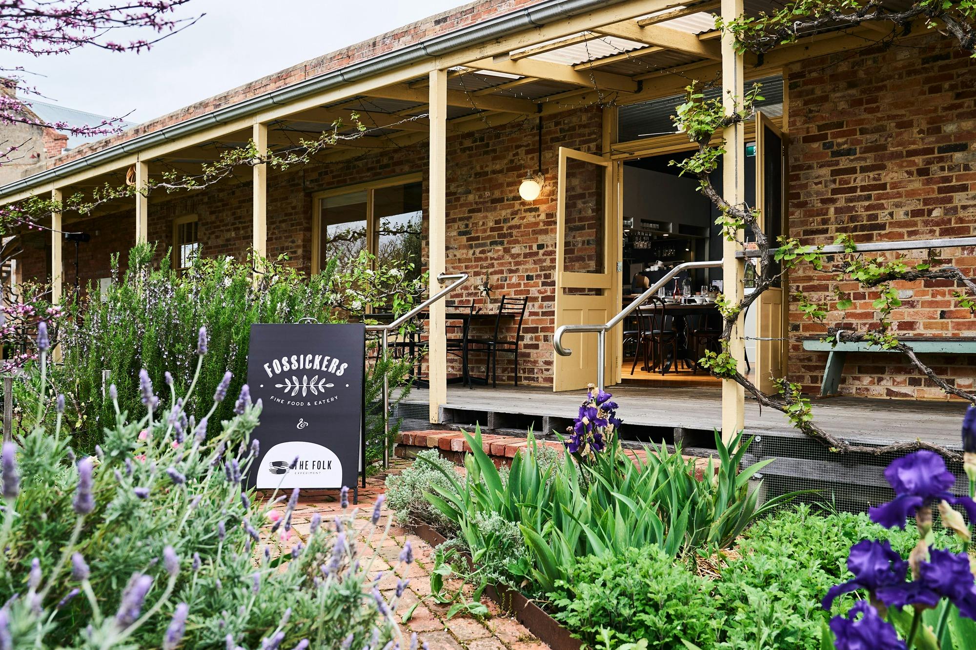 Outdoor dining overlooking the community garden