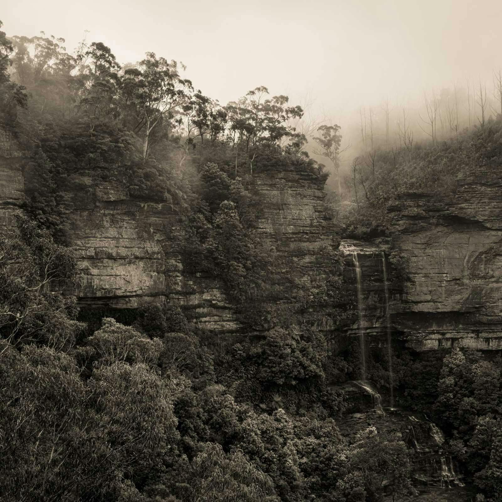 Sepia photograph of a waterfall in the Blue Mountains National Park