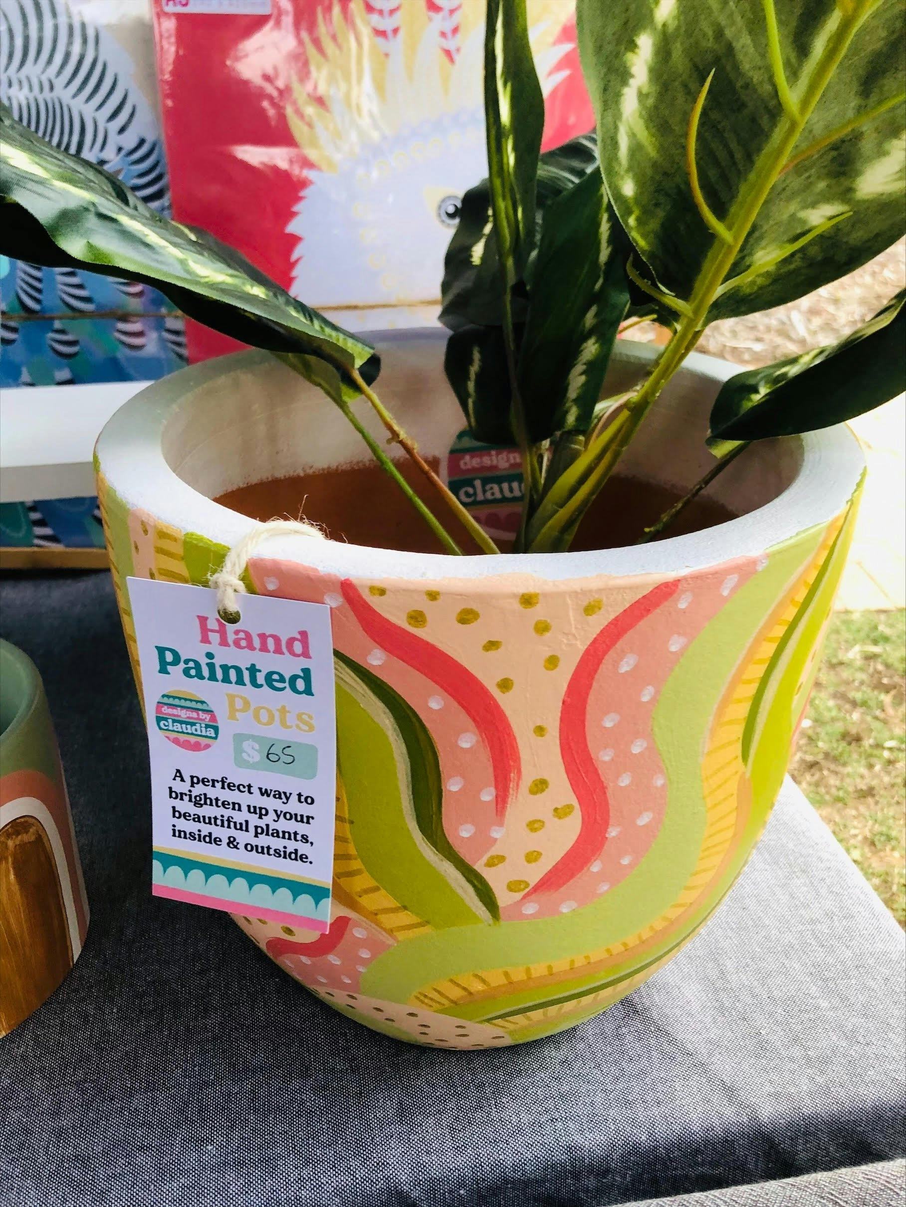 A brightly painted pot with a green indoor plant inside