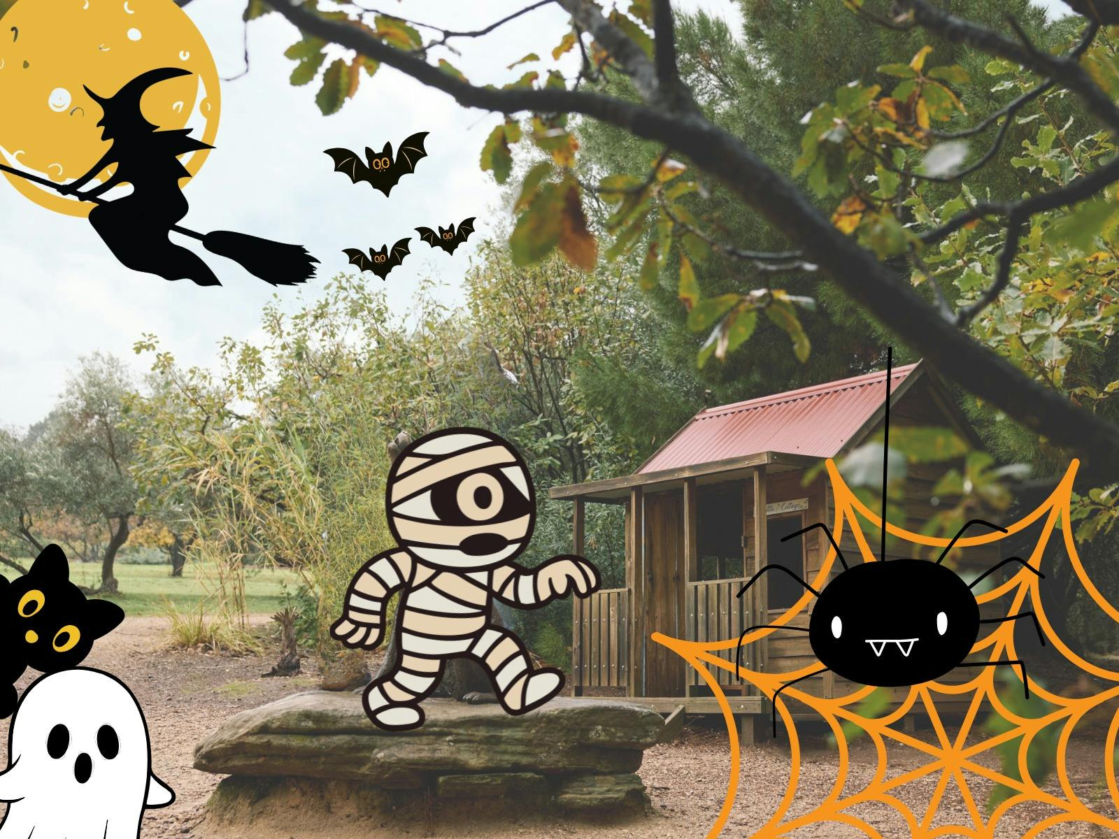 Carrick Hill Story book trail with Halloween Characters such as a Mummy, spider and witch