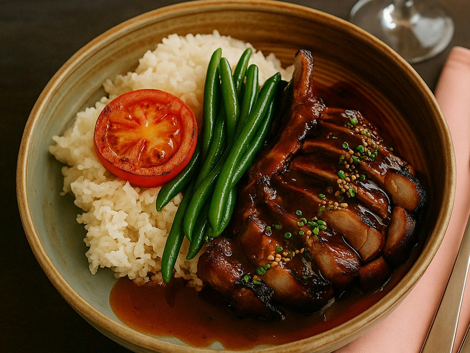 Sriracha tamarind glazed pork ribs, sesame seeds, crispy shallots, chives, asian slaw, and chips​