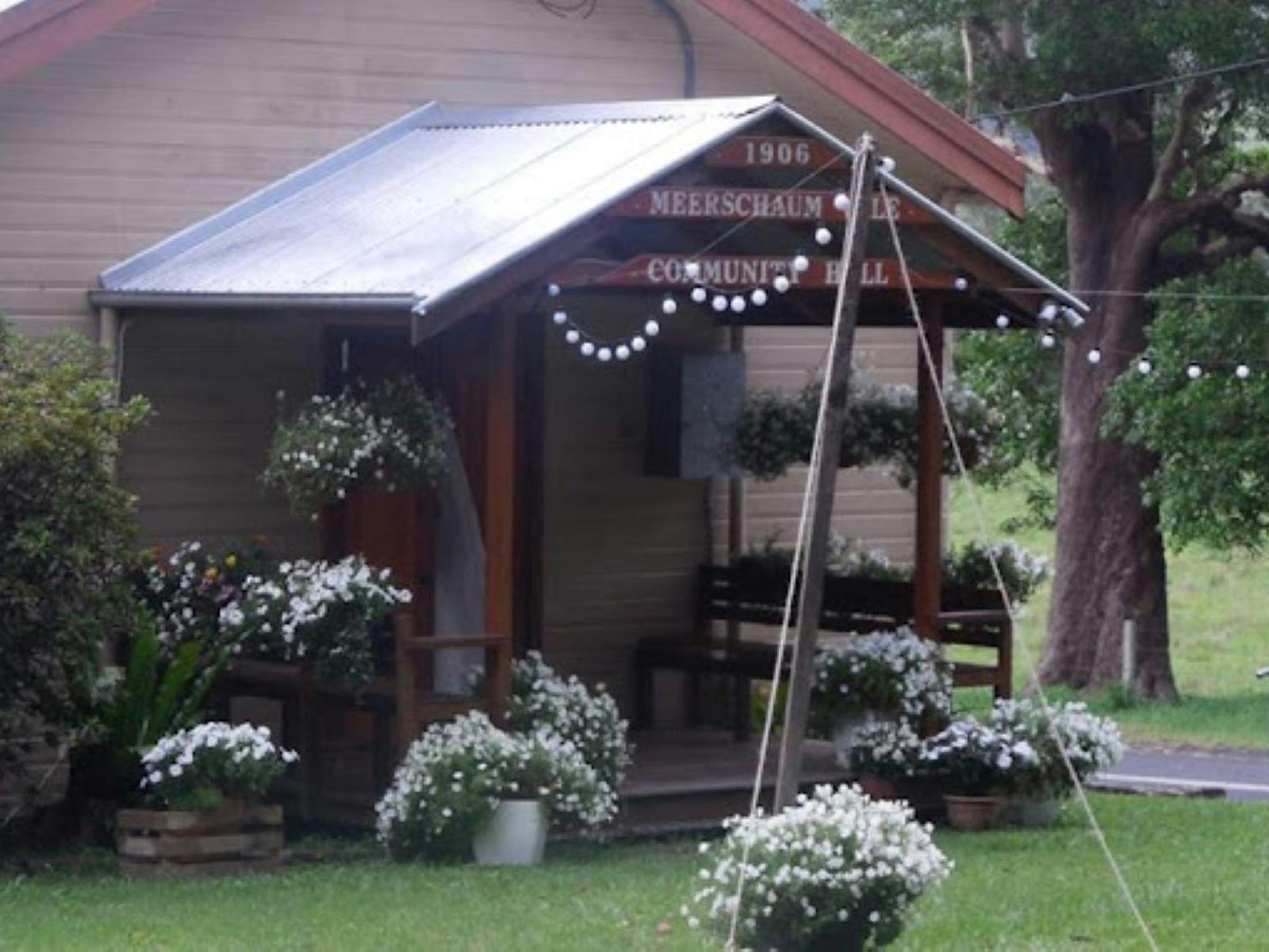 Outisde of hall with fairy lights