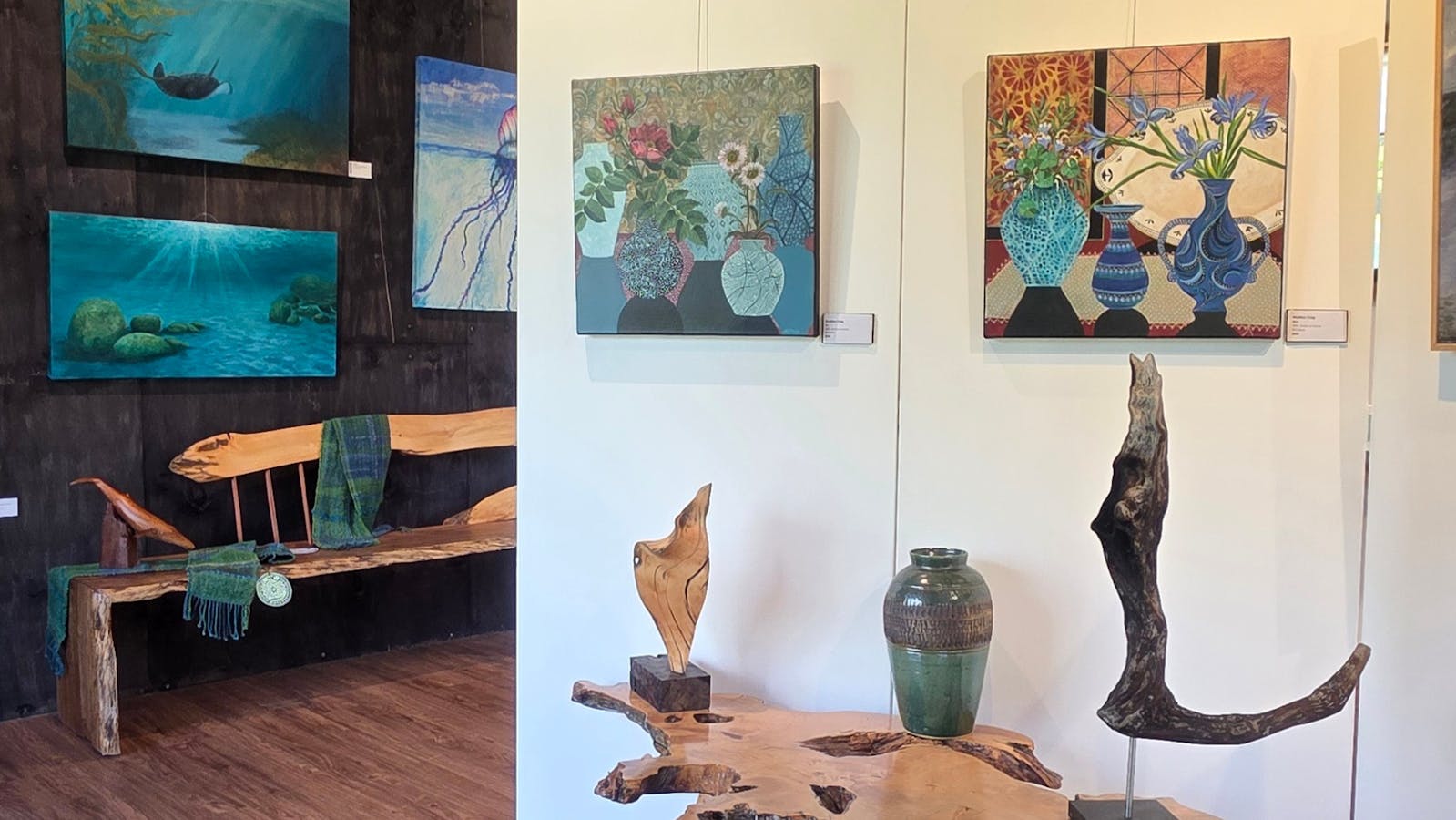 Huon Pine coffee table with ceramics, sculptures and paintings