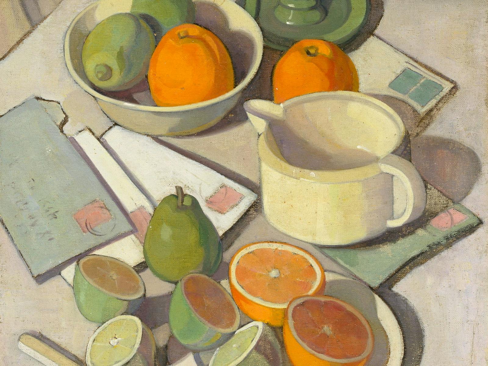 Still life painting of citrus fruits, green pears, and a yellow pitcher on a table.