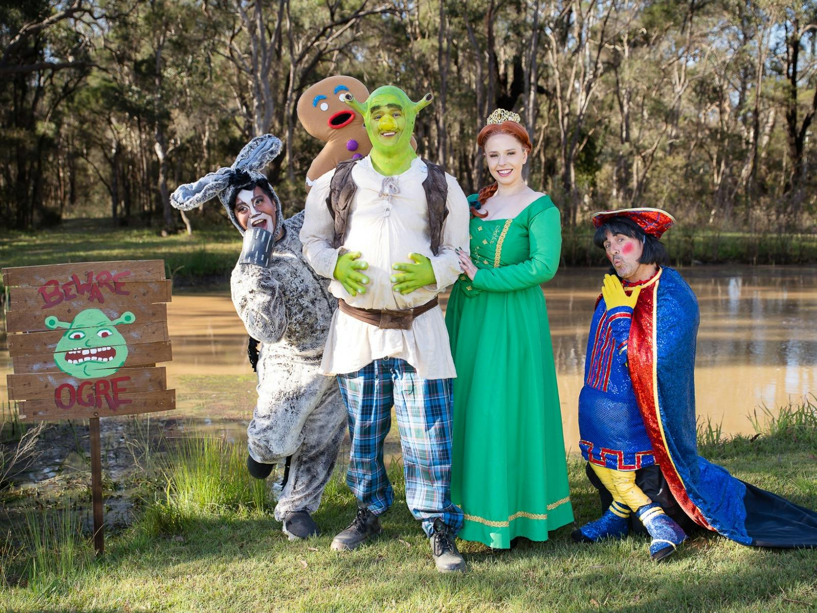 A group shot of Shrek, Princess Fiona, Donkey, Gingy & Lord Farquaad