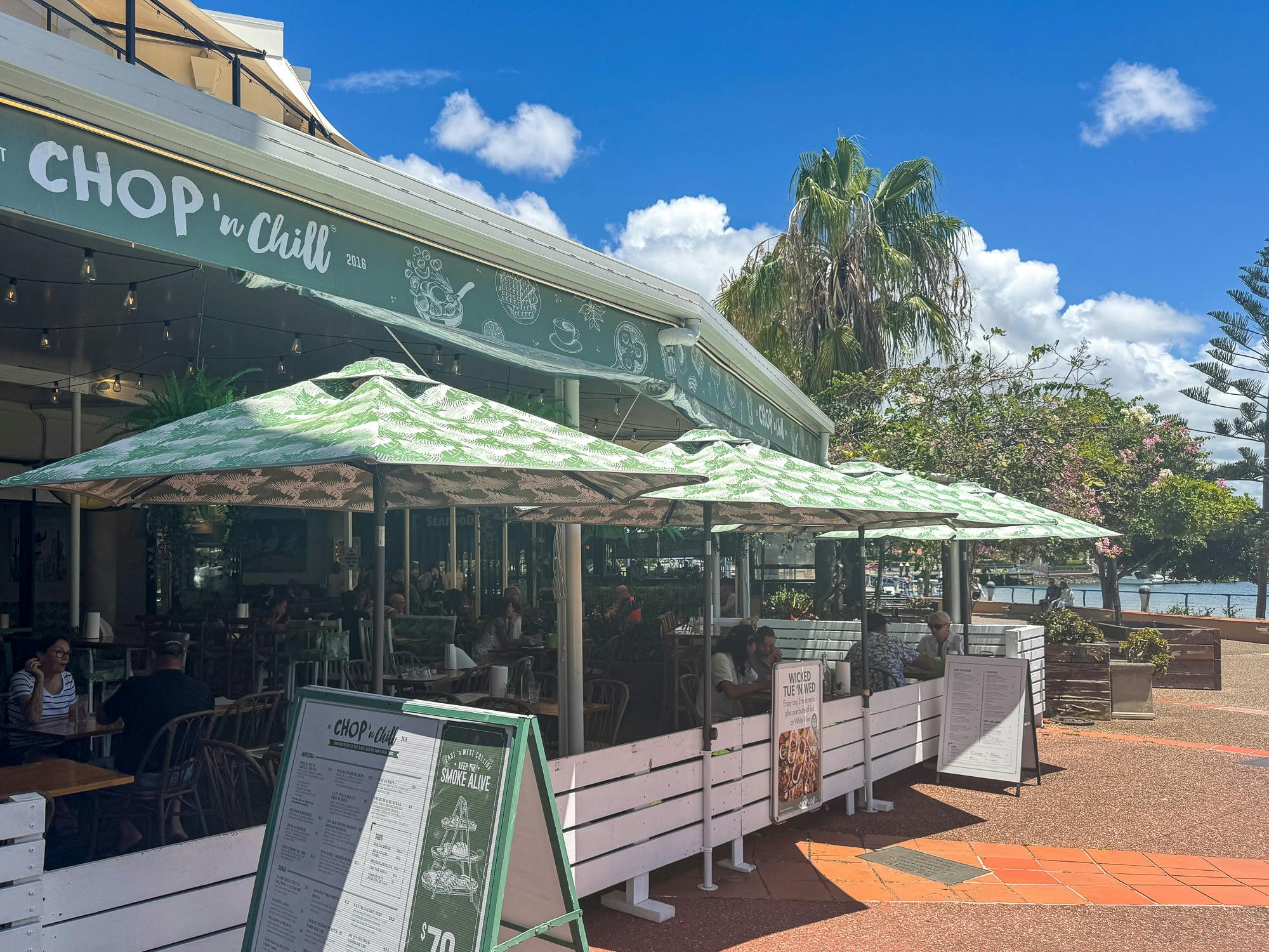 Outdoor dining with waterfront views