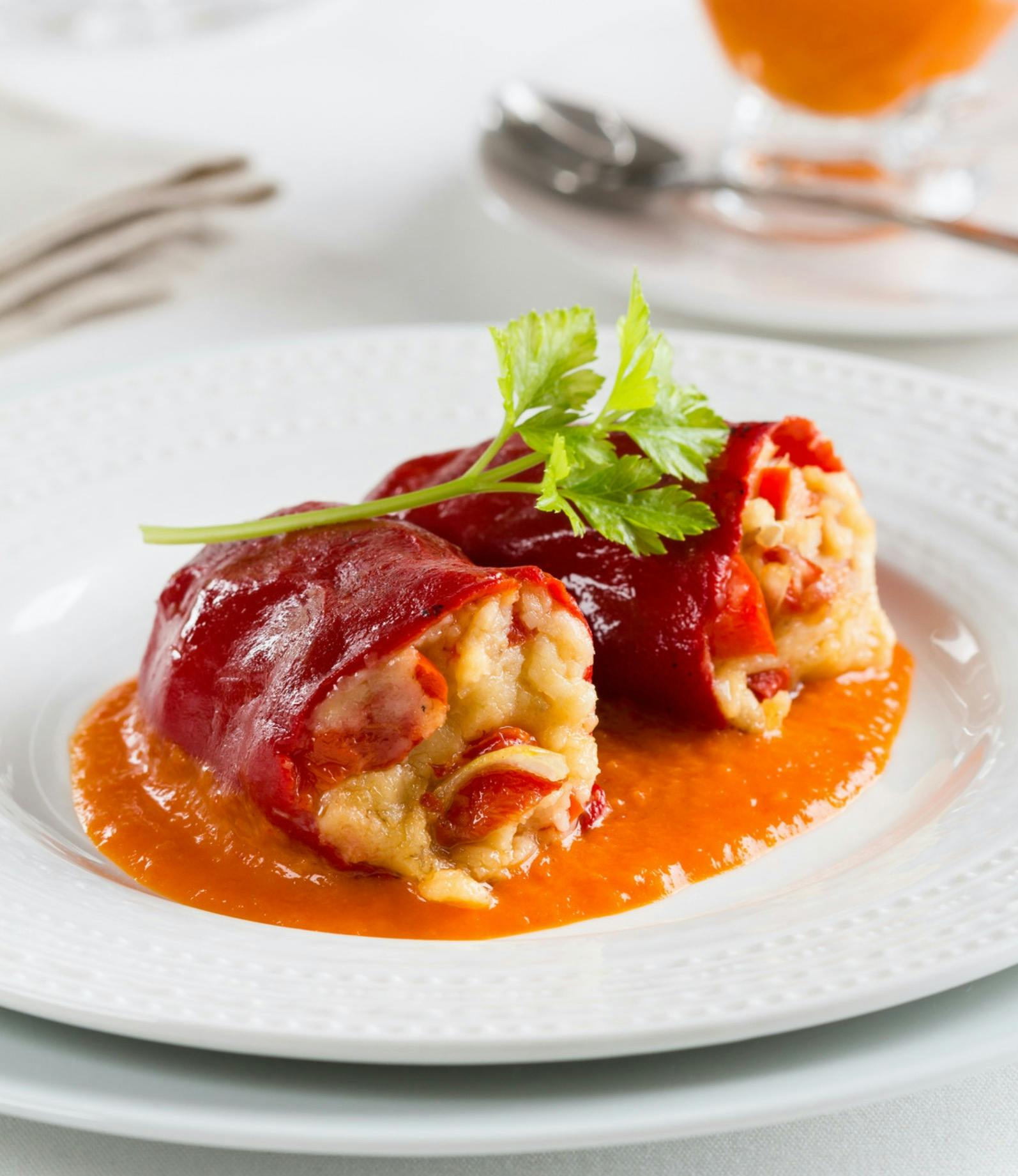 piquillos pepper stuffed with crab meat and king prawns