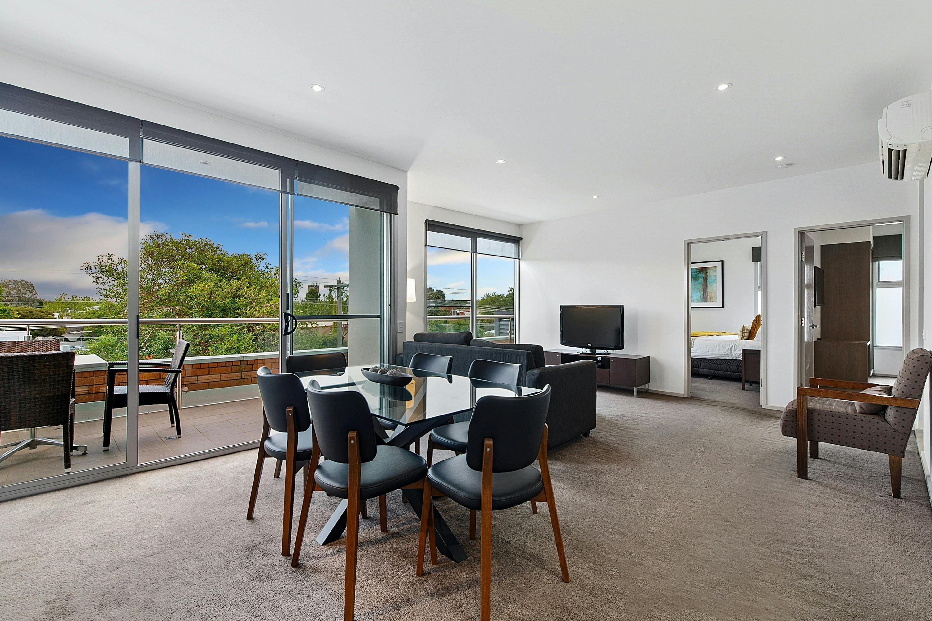 Dining, lounge and furnished balcony with views of Wangaratta CBD at The Gateway
