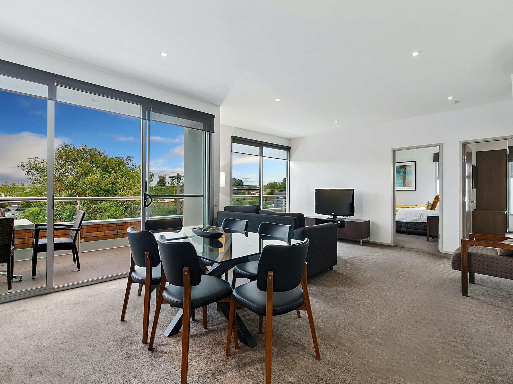 Dining, lounge and furnished balcony with views of Wangaratta CBD at The Gateway