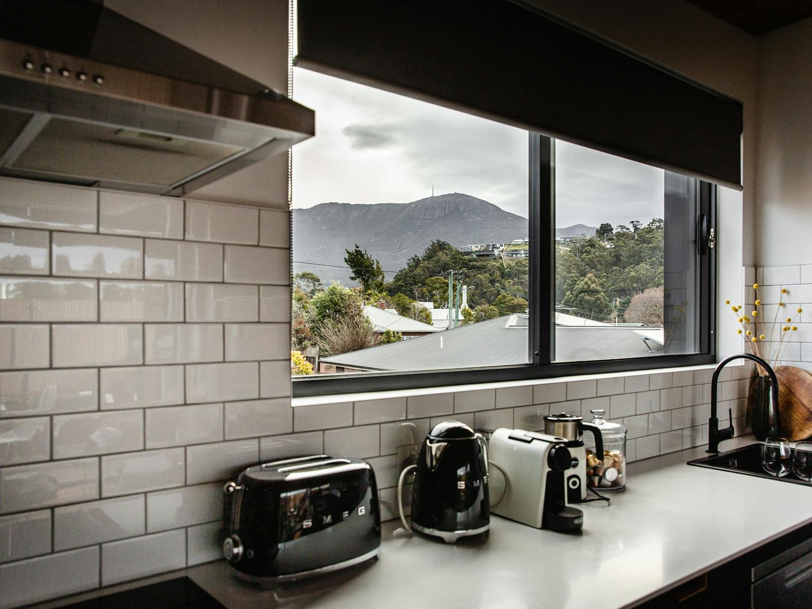 Photo shows kunanyi (Mt Wellingto) from the kitchen window.