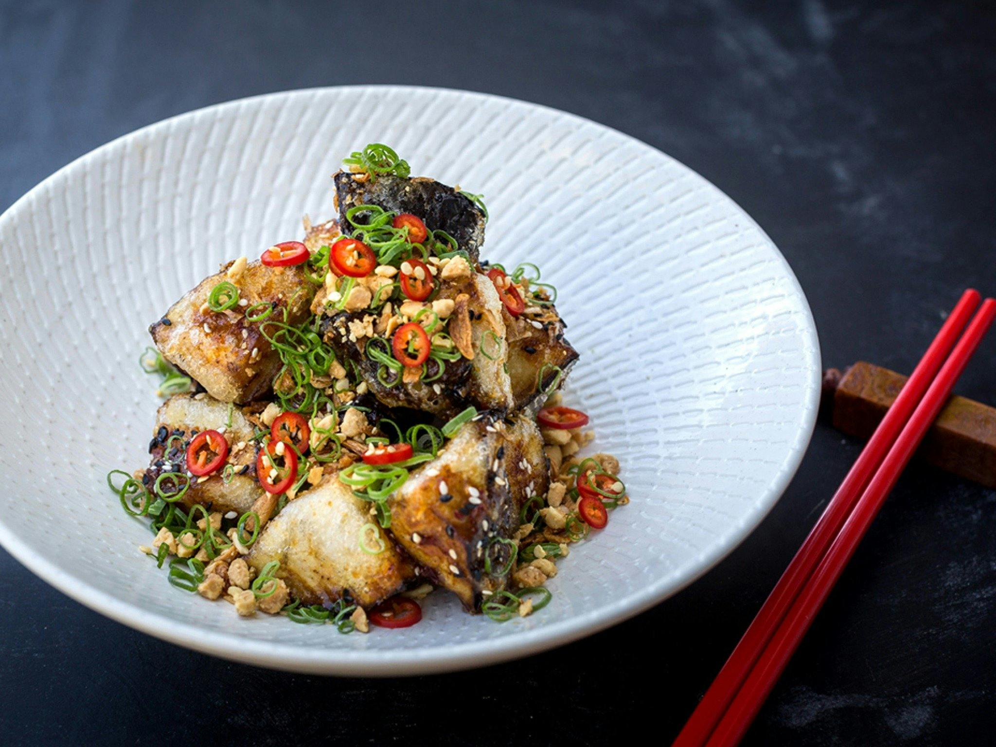 Sweet and spicy eggplant, sesame, shallot and fried peanuts
