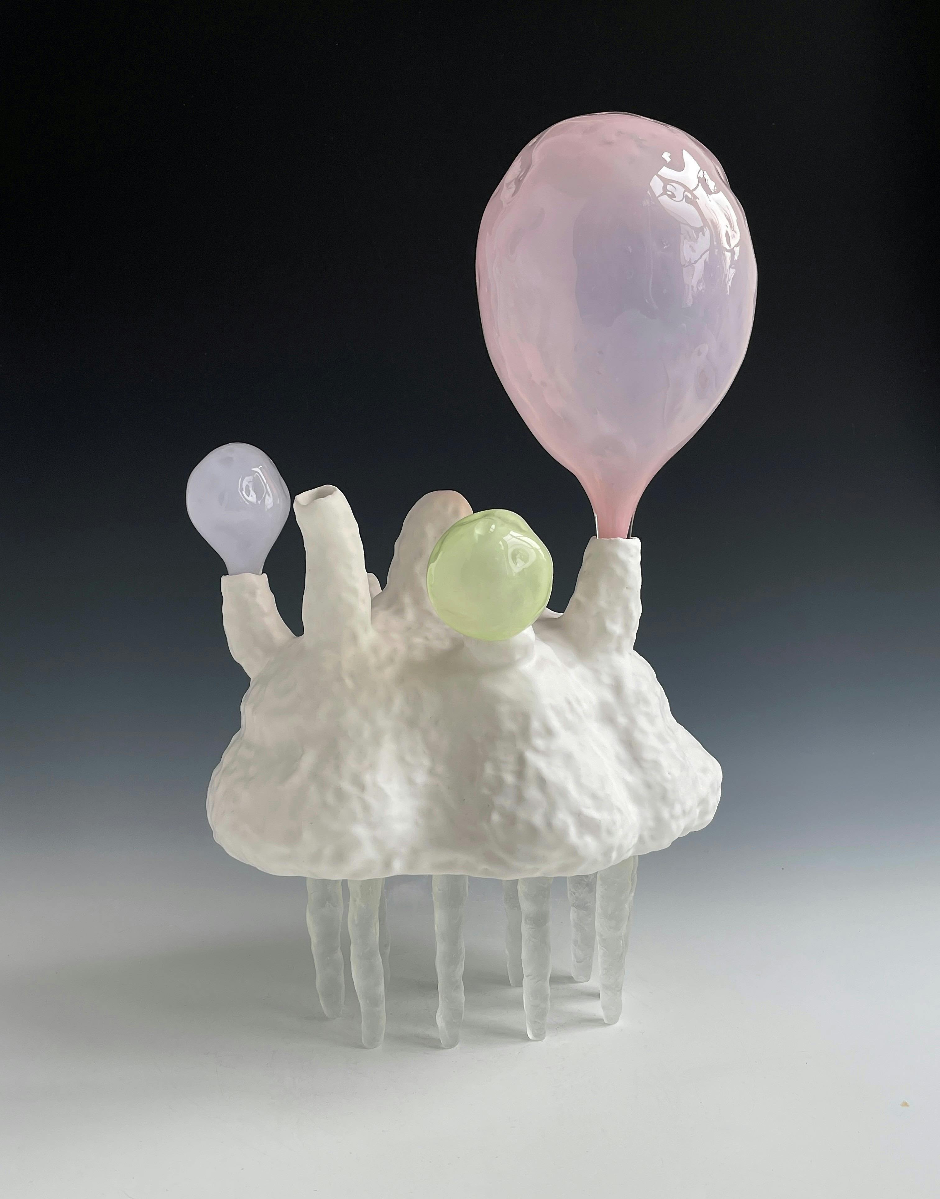 Lynda Draper artwork, made of glazed ceramic and studio blown glass, on grey background