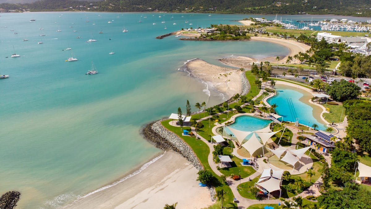 Aerial view of Airlie Beach Foreshore and the Lagoon