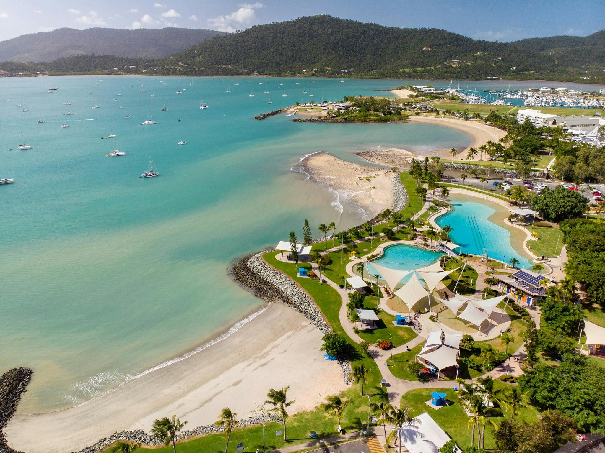 Aerial view of Airlie Beach Foreshore and the Lagoon