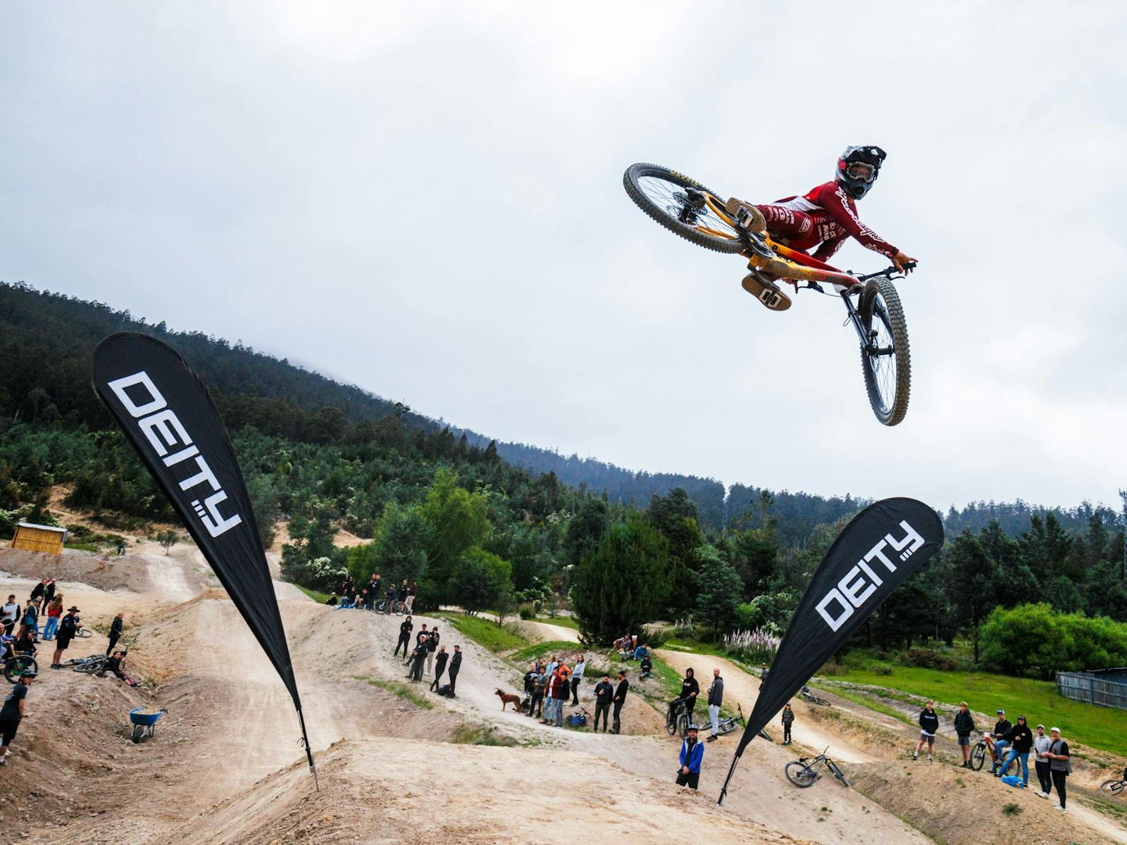 Rider jumping on mountain bike at Maydena Bike Park
