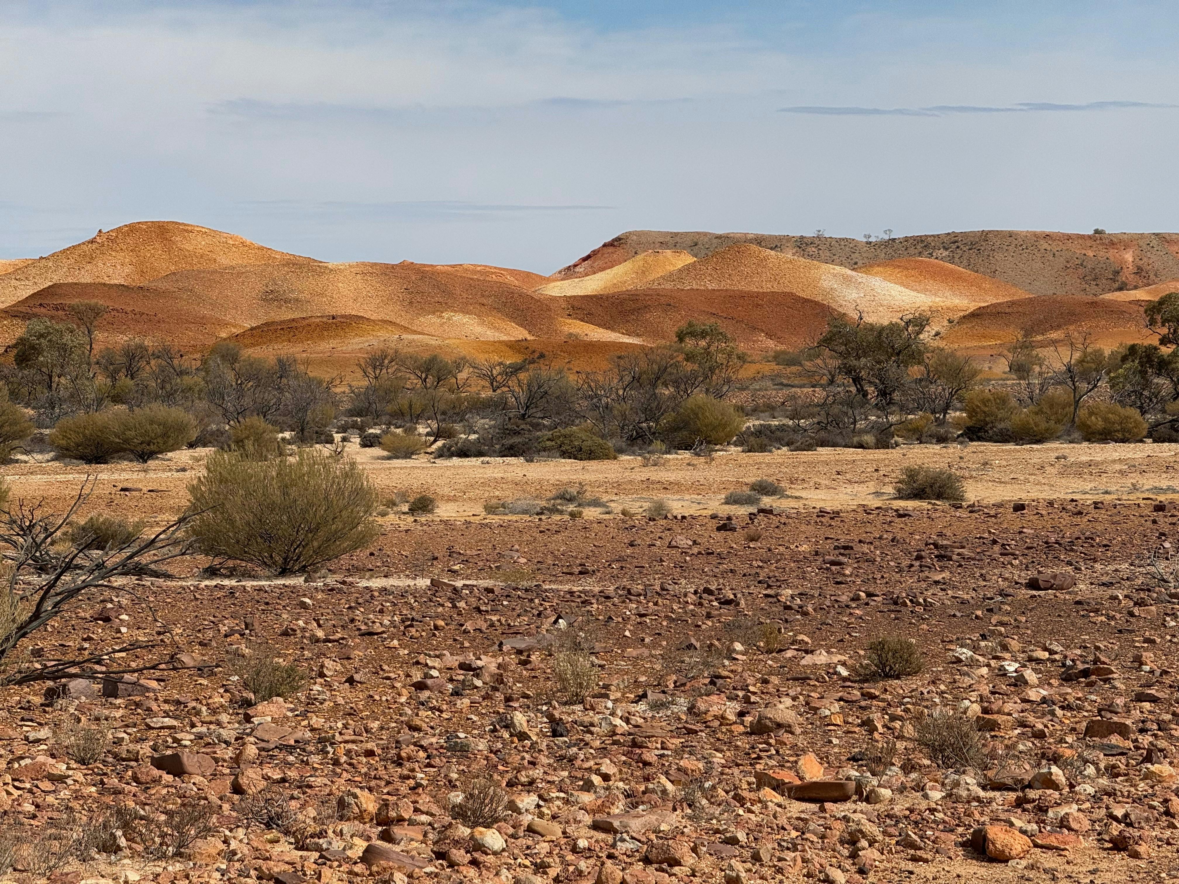 Painted Hills at Anna Creek with layered ochre-coloured hills and sparse vegetation in the outback