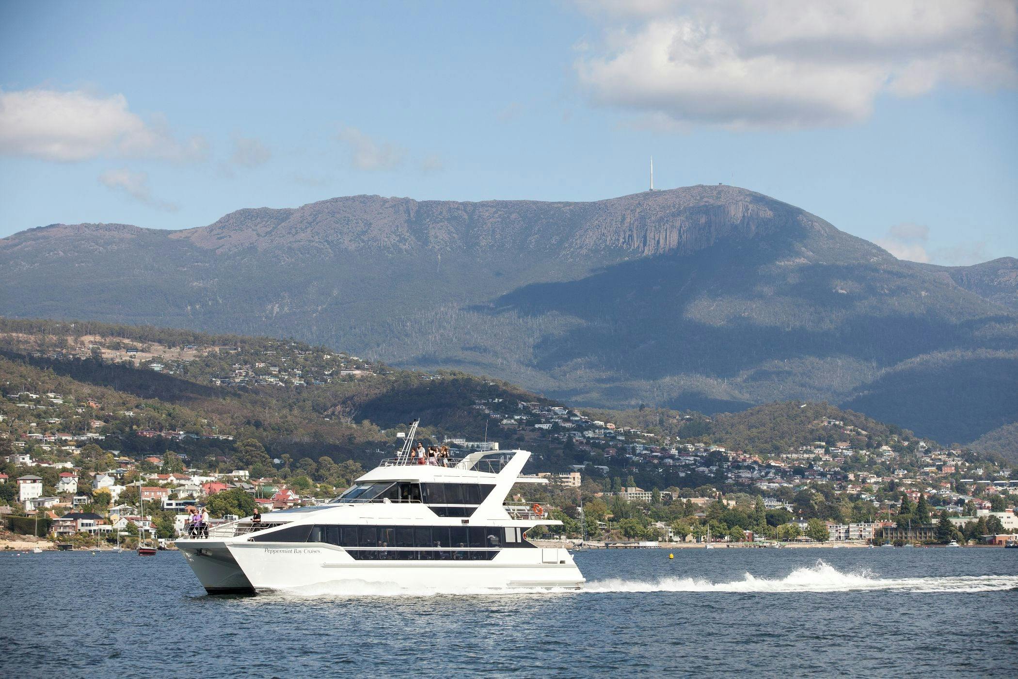 Catamaran cruising the Hobart waterfront, Mount Wellington/kunanyi in the background