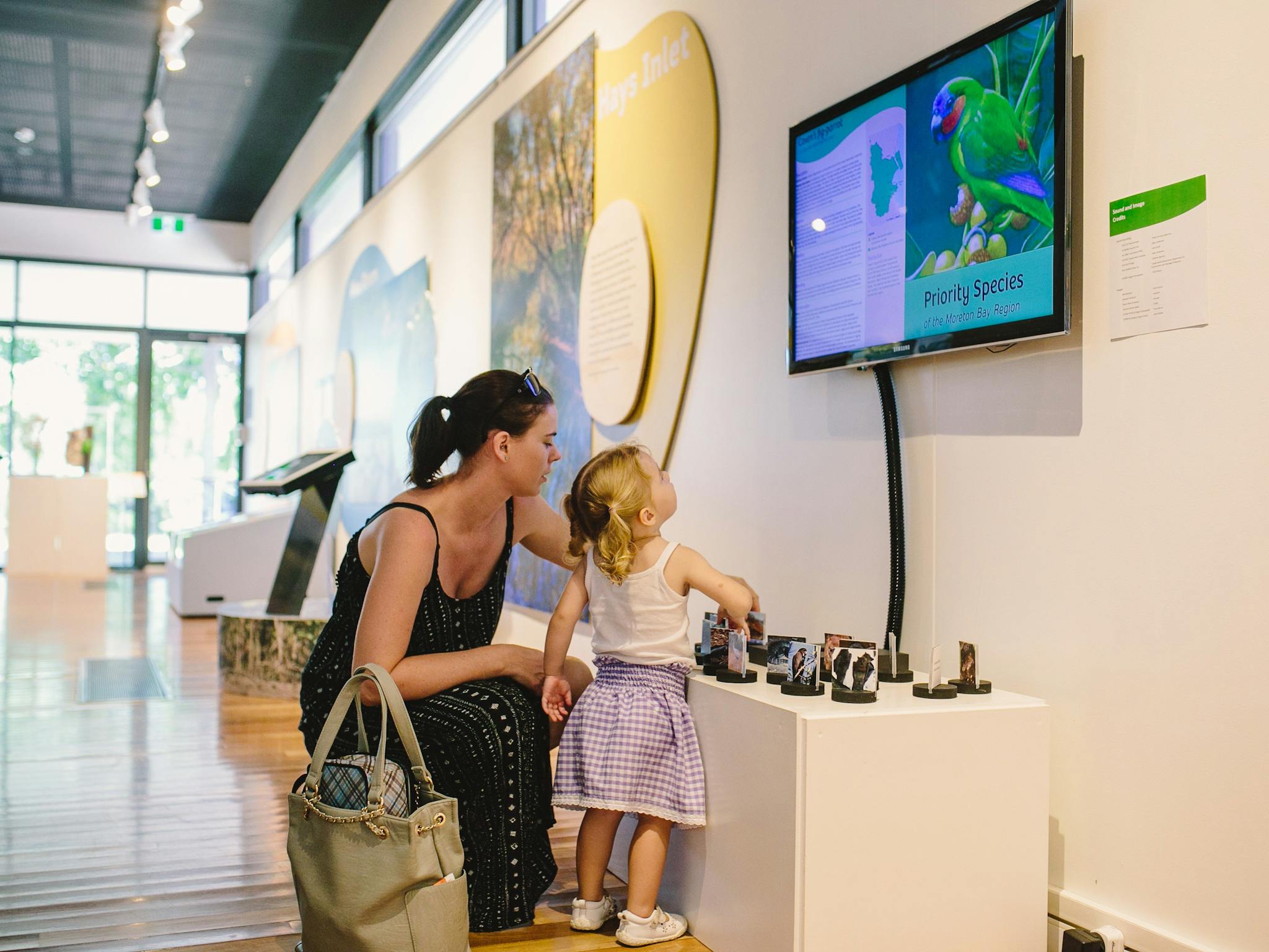 A girl and lady interactive with a exhibition item on bird species