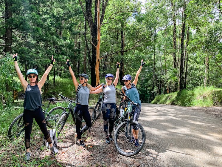 Shot of 5 women standing next to their E Bikes with arms in the air in National Park