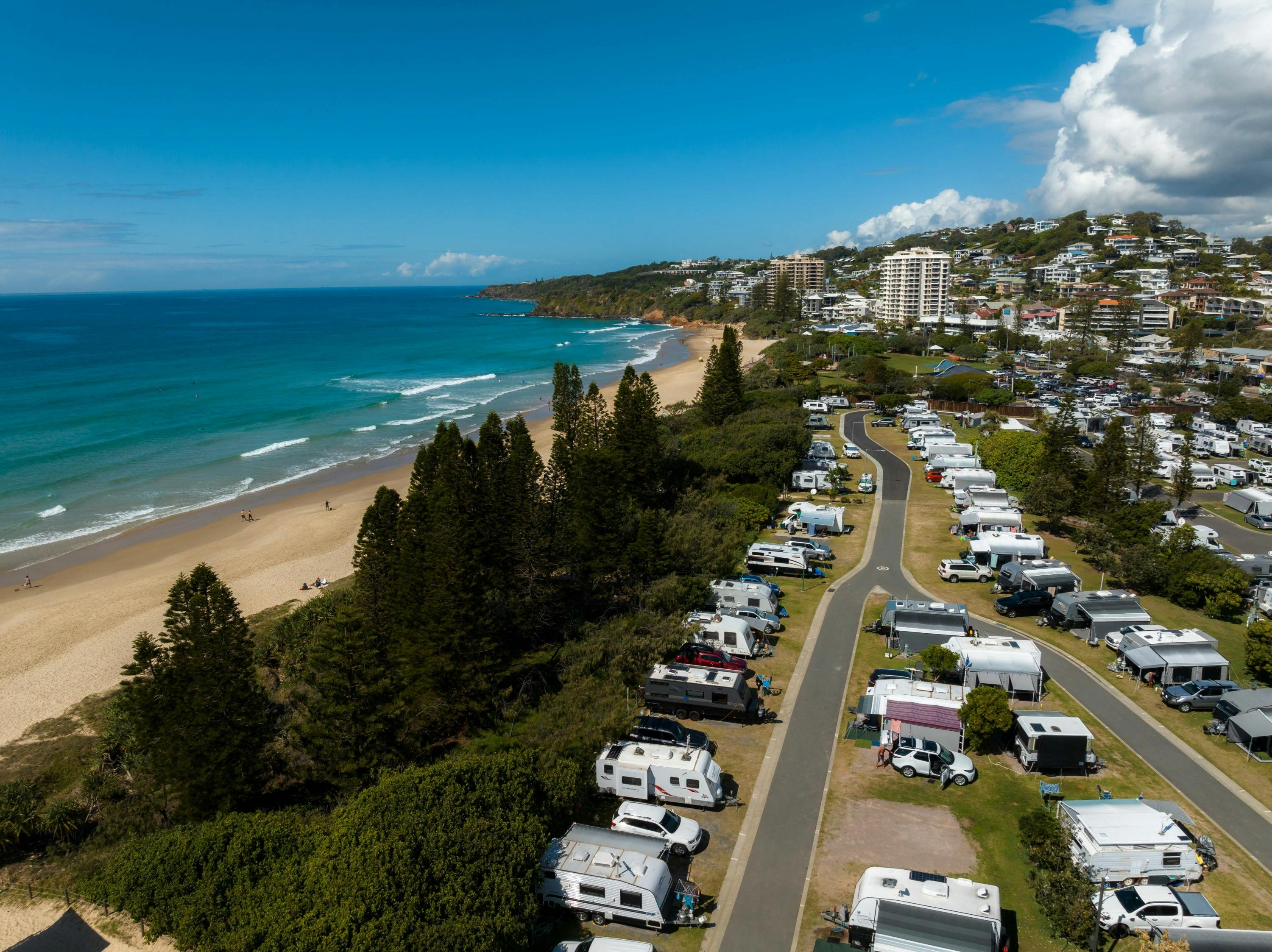 Drone shot of Coolum Beach Holiday Park
