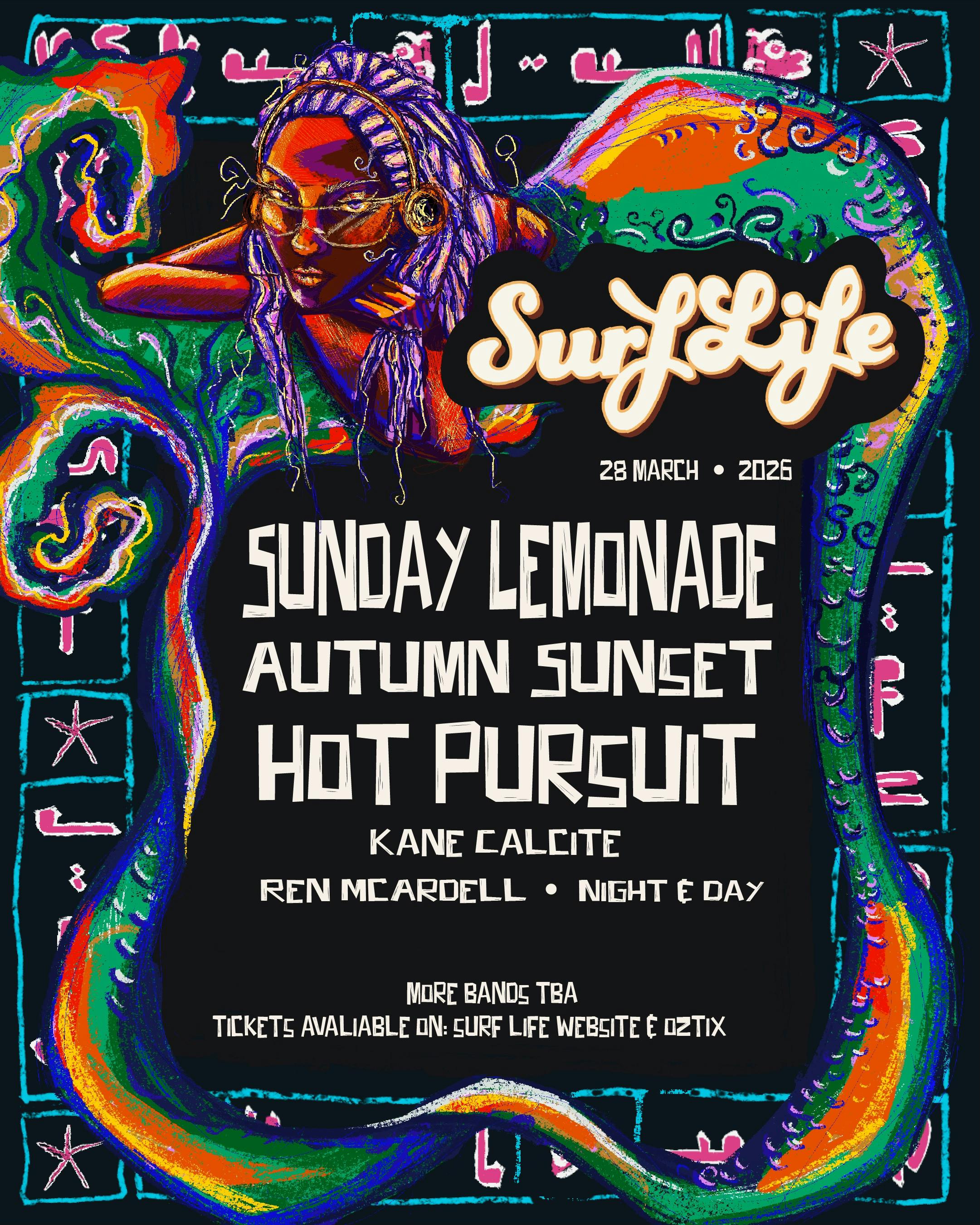 A Line-Up poster feature a brightly coloured mermaid wearing cool sun-glasses and headphones