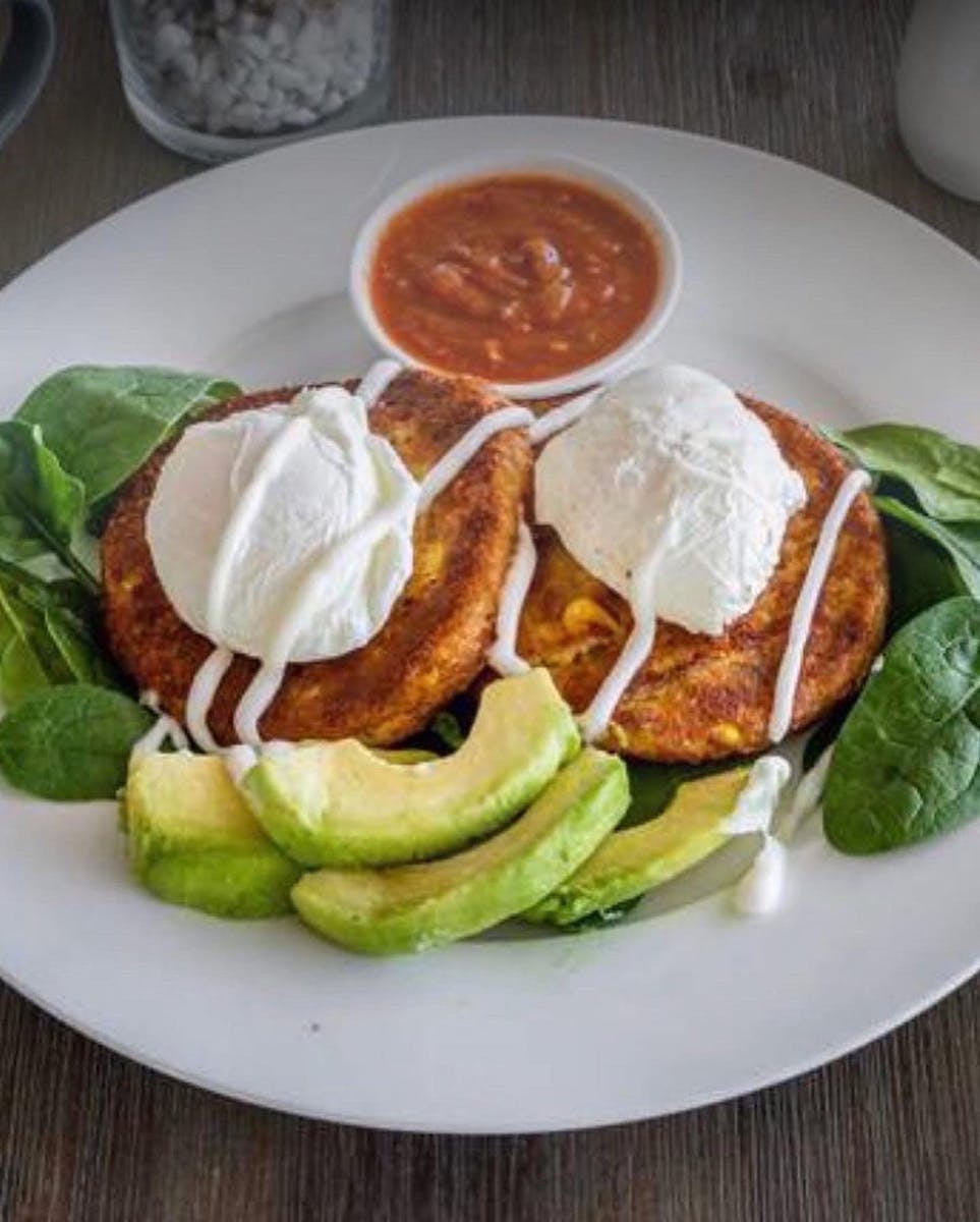 Fritters, poached eggs and avocado