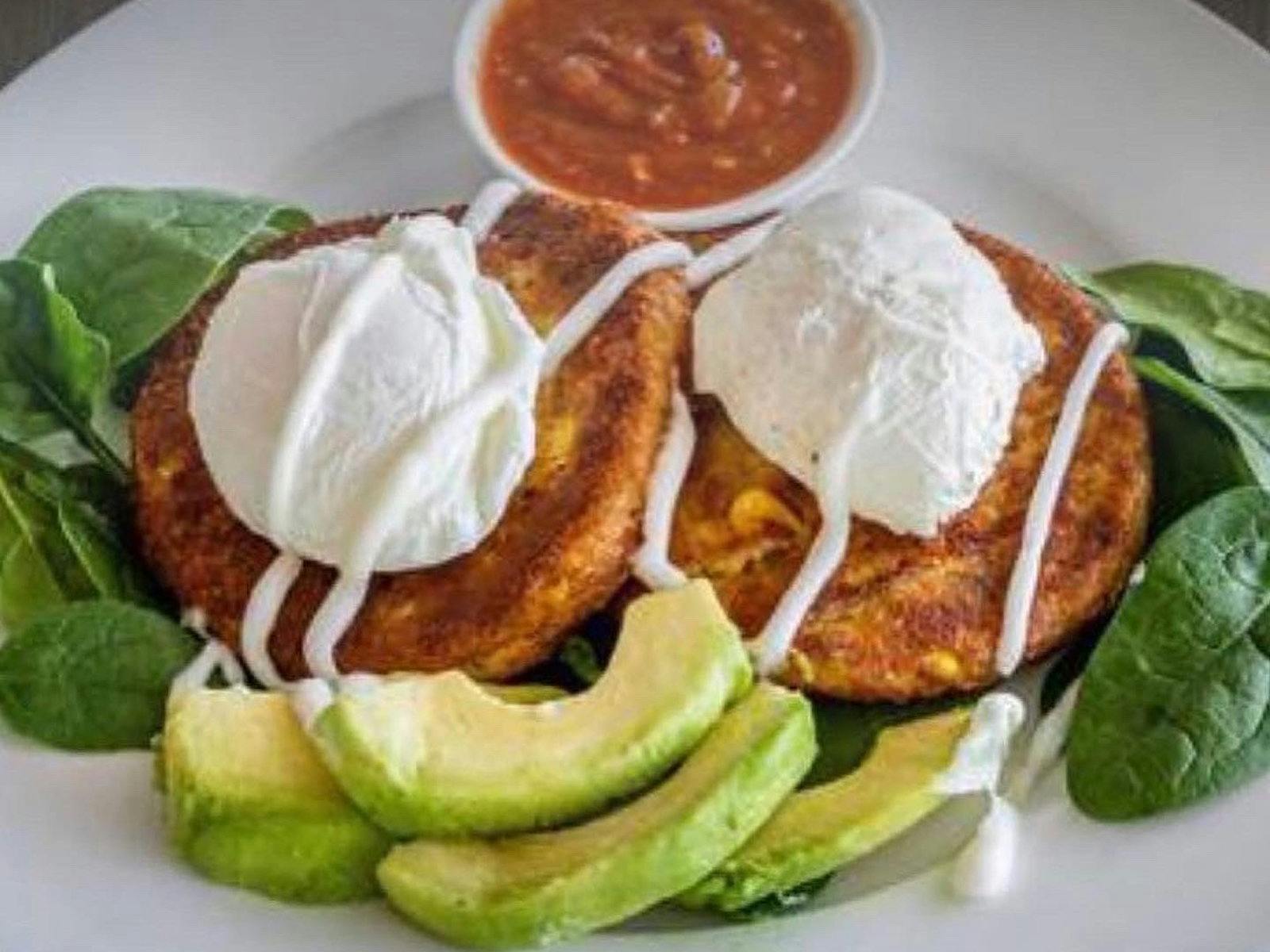 Fritters, poached eggs and avocado Fritters, poached eggs and avocado
