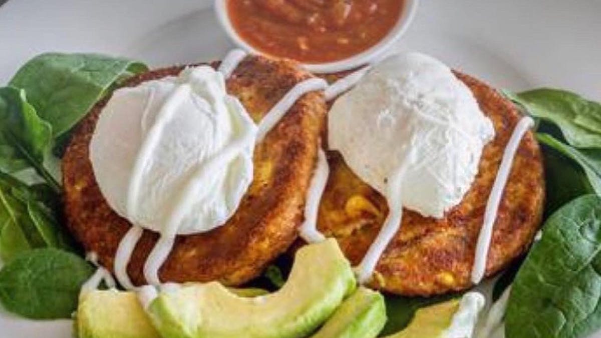 Fritters, poached eggs and avocado