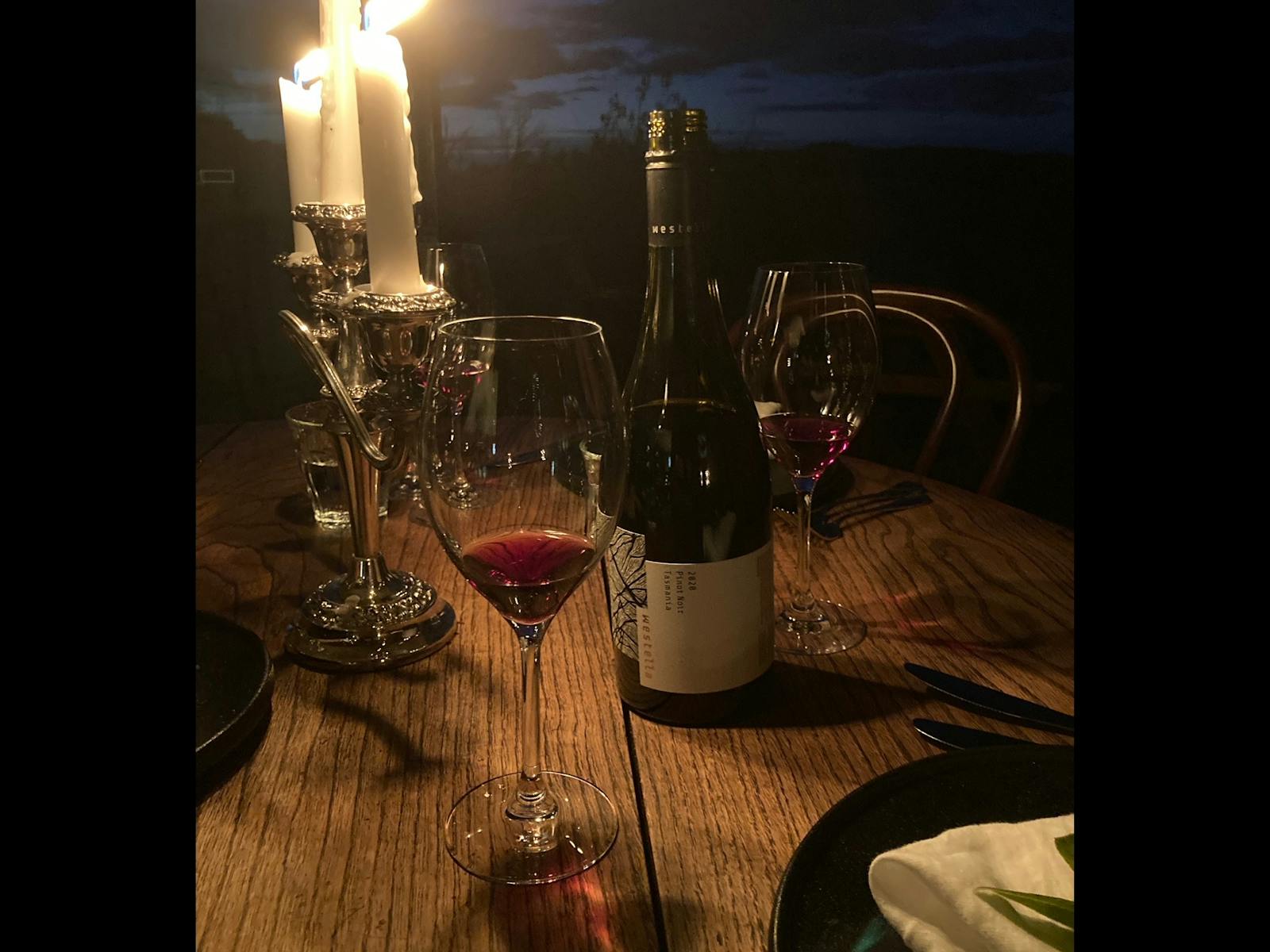 Westella Pinot Noir captured by candlelight for the Winter Solstice Dinner