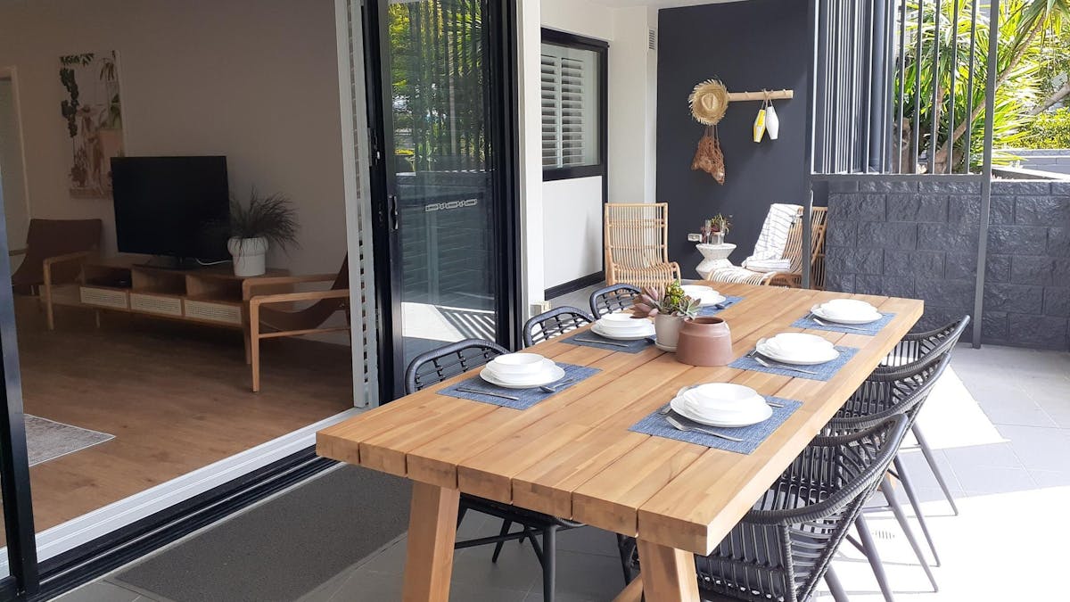 Poolside apartment private courtyard at The Bay Apartments Hervey Bay