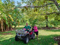 Farmers and farm dogs on ATV at Cape Trib Farm