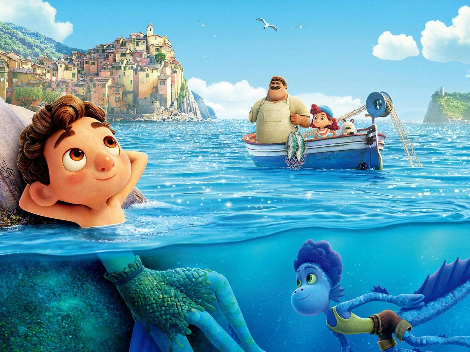 Two boys with fish tails in water; a man, yound girl and a cat are in a boat in the background.