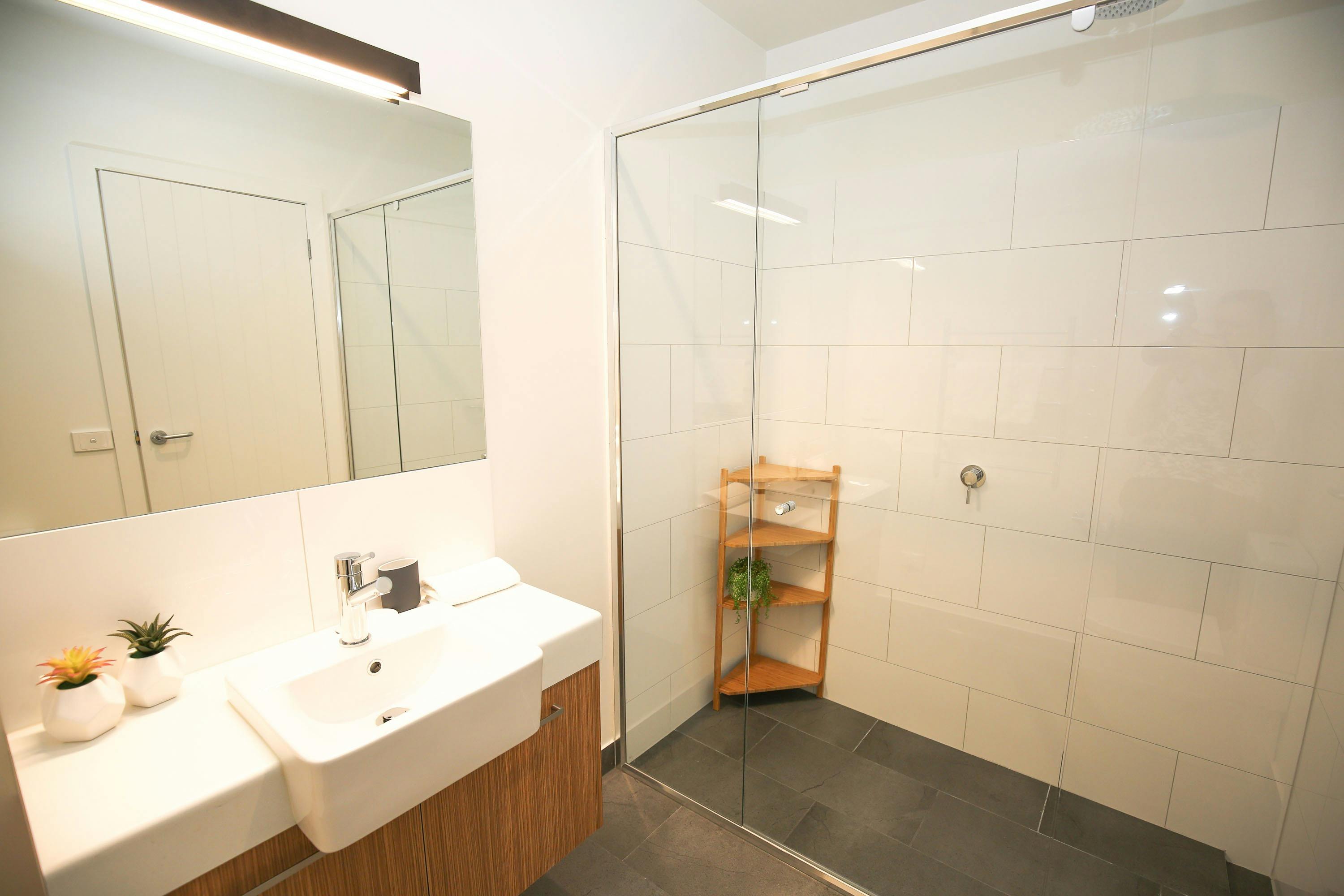 Ensuite off master bedroom at The Stelvio Villas Two Bright Accommodation Alpine Valley Getaways