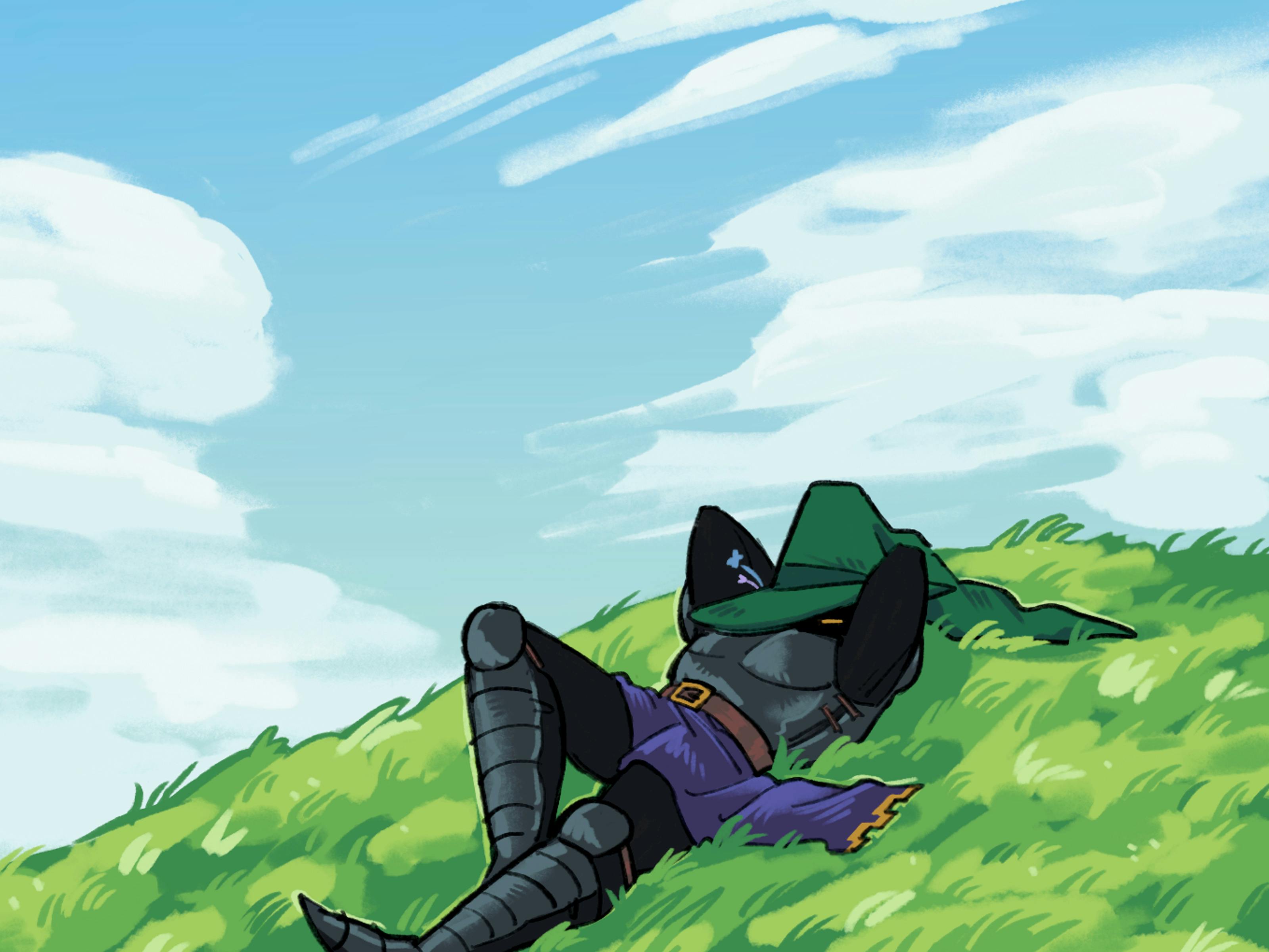 Knight in suit of armour asleep on grassy hill