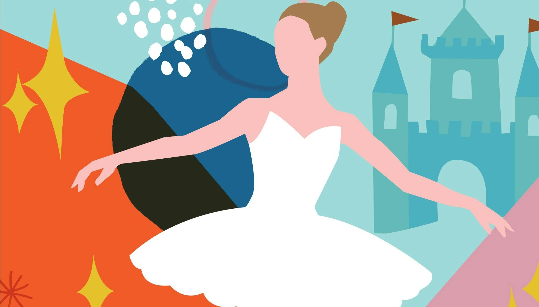 An illustration of a dancer in a white tutu, on a background with a castle and sparkles.
