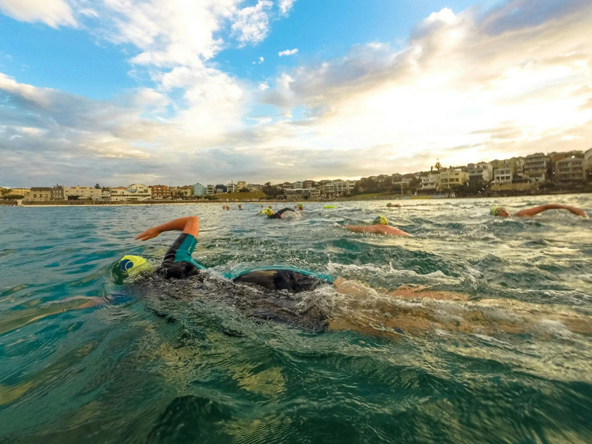 Ocean swimmers crossing the Bondi Bay.