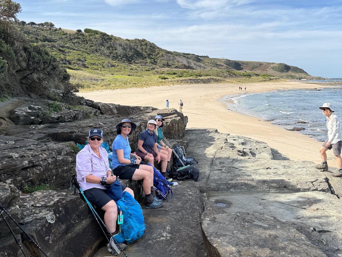 A group of female hikers having lunch on the brqch