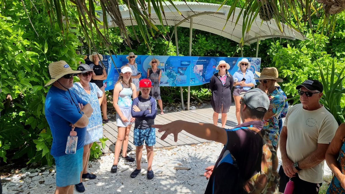 Tour guide talking to guests under the shaded trees on Lady Musgrave Island