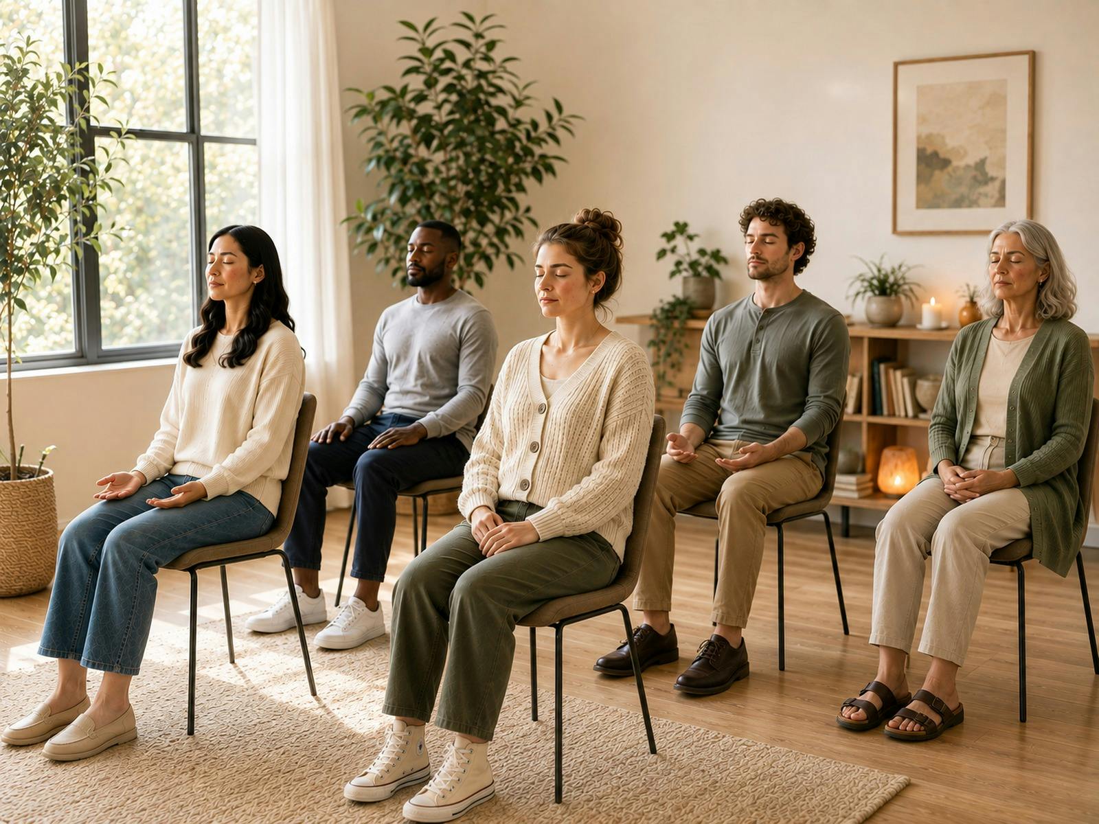 A group of people sitting on chairs and meditating in a room