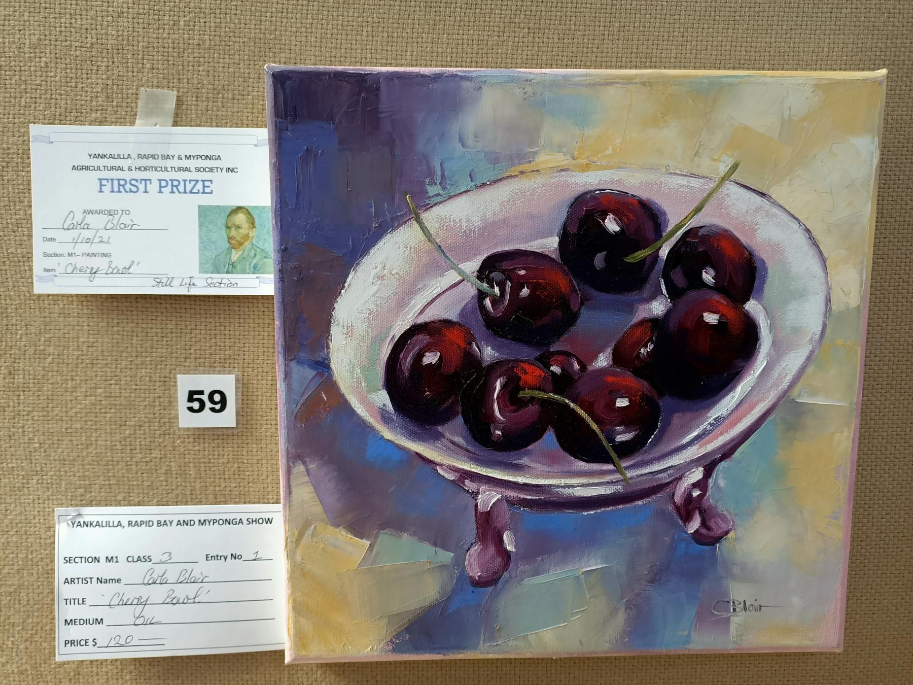 Painting of a bowl of cherries with First Prize certificate