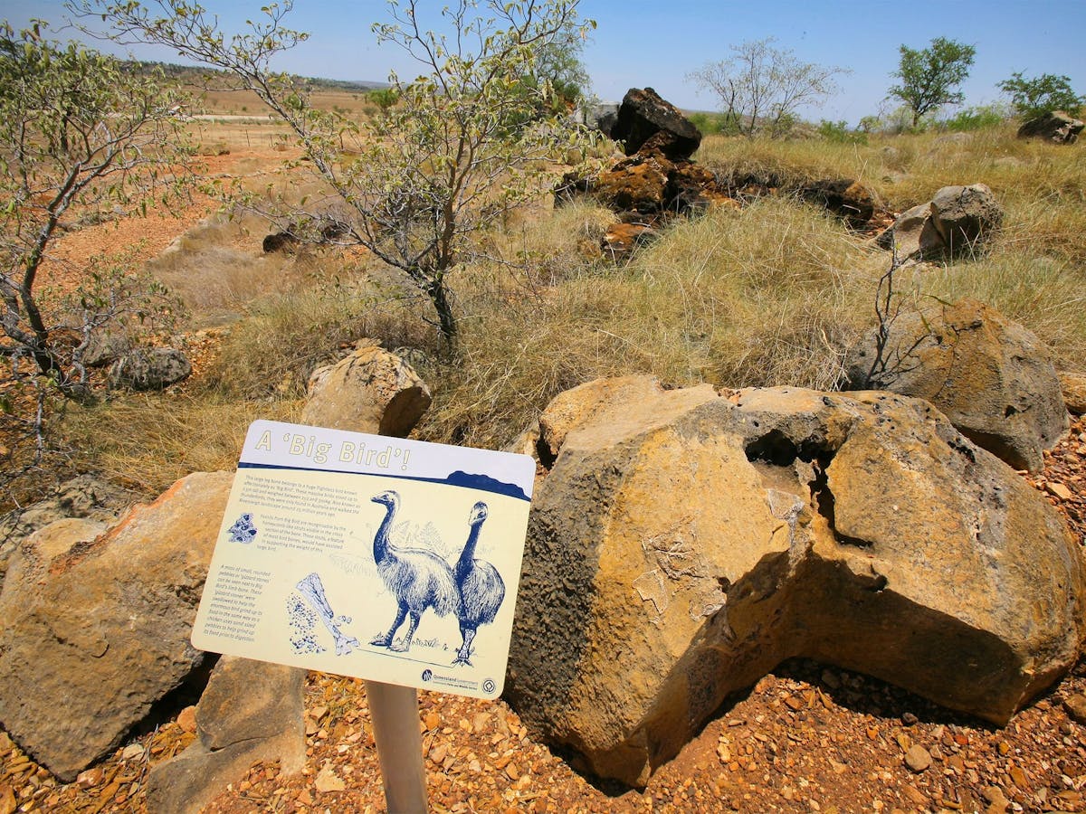 Sign with illustration of ancient emu-like creatures, sign standing next to rocky outcrop Sign with illustration of ancient emu-like creatures, sign standing next to rocky outcrop