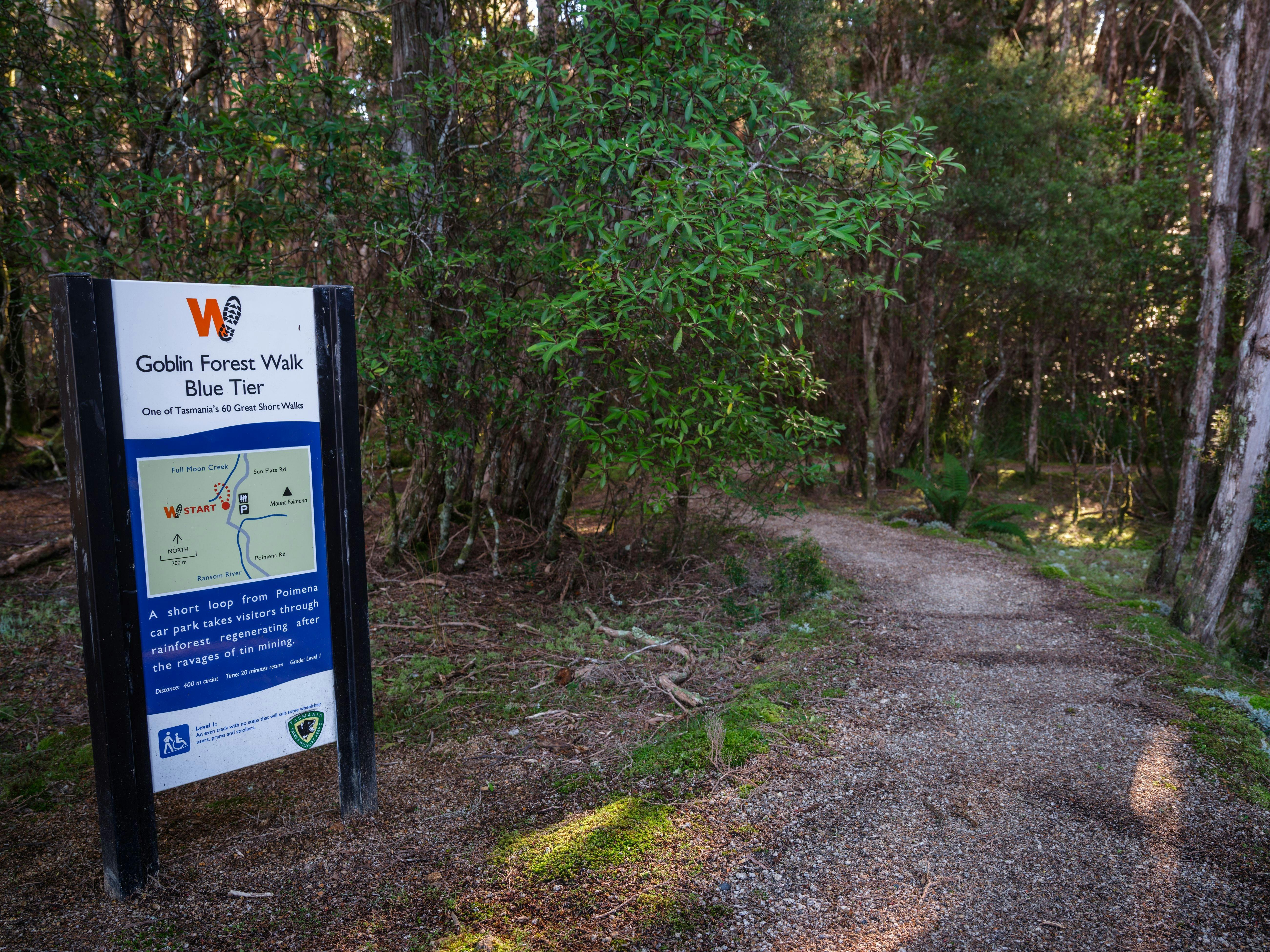 flat gravel path leads into a forest with a walk information sign