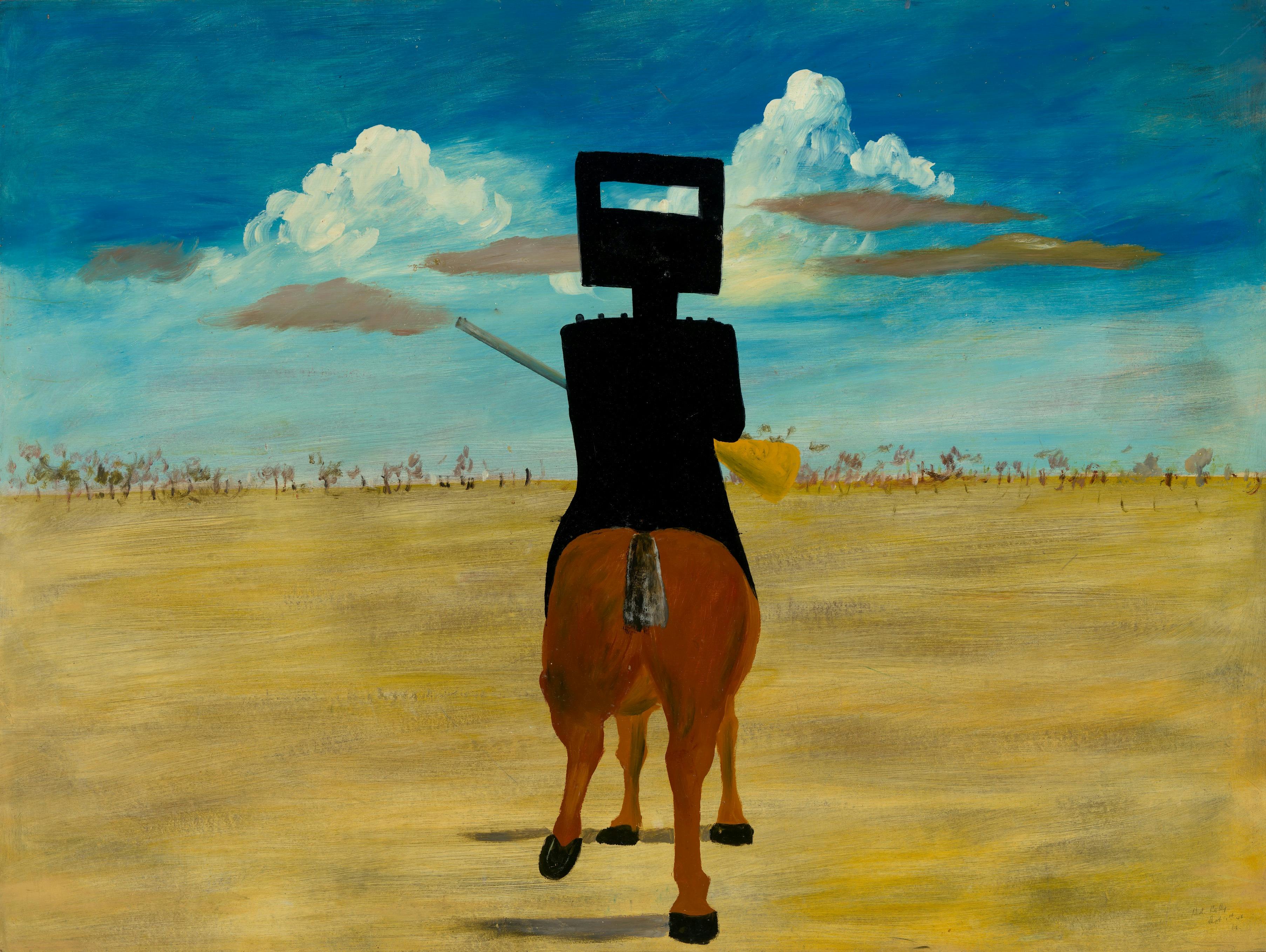 painting of a black ned kelly silhouette in australian desert bush landscape