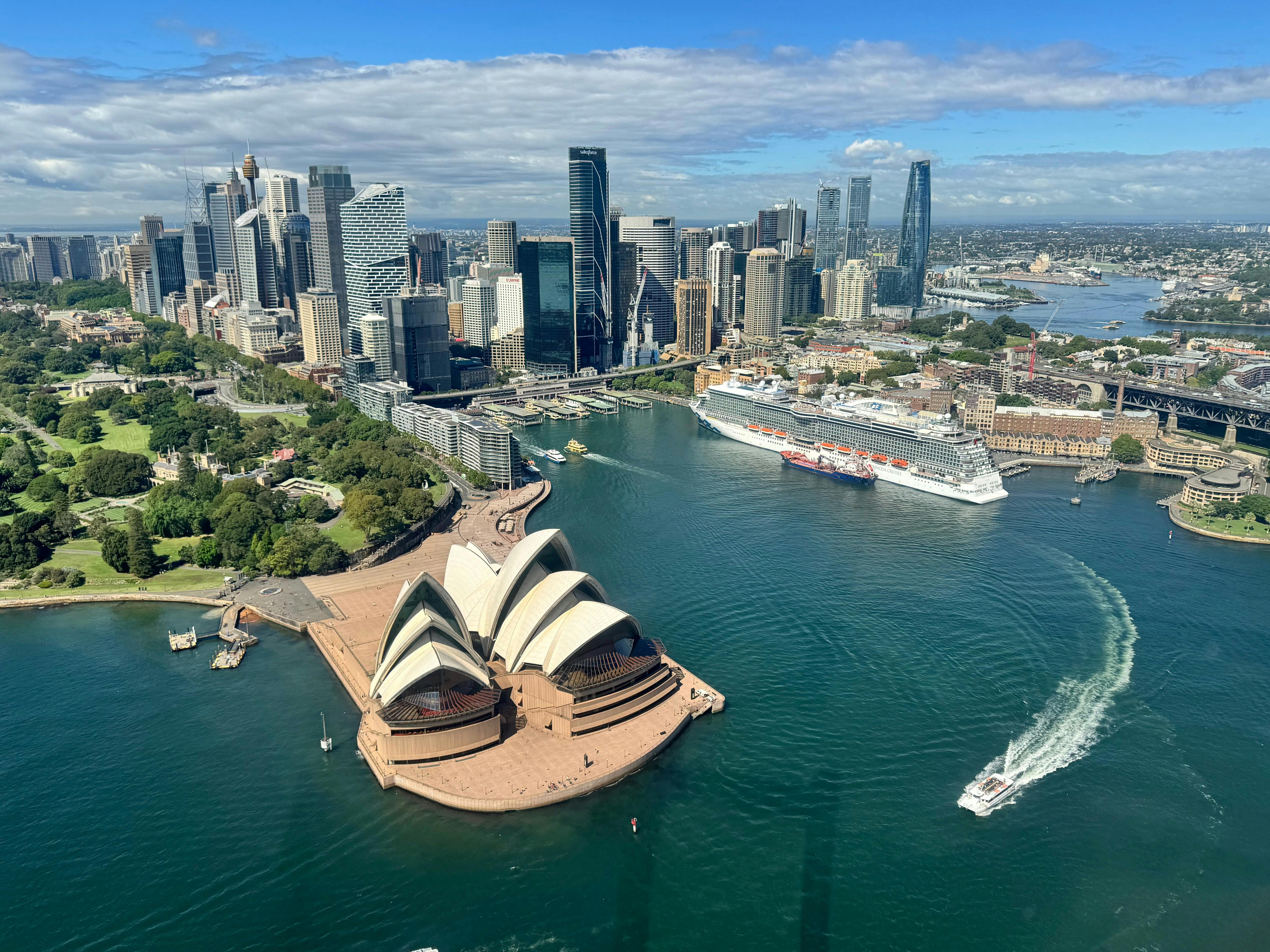 Aerial view from helicopter of Sydney CBD, Sydney Opera House and Circular Quay