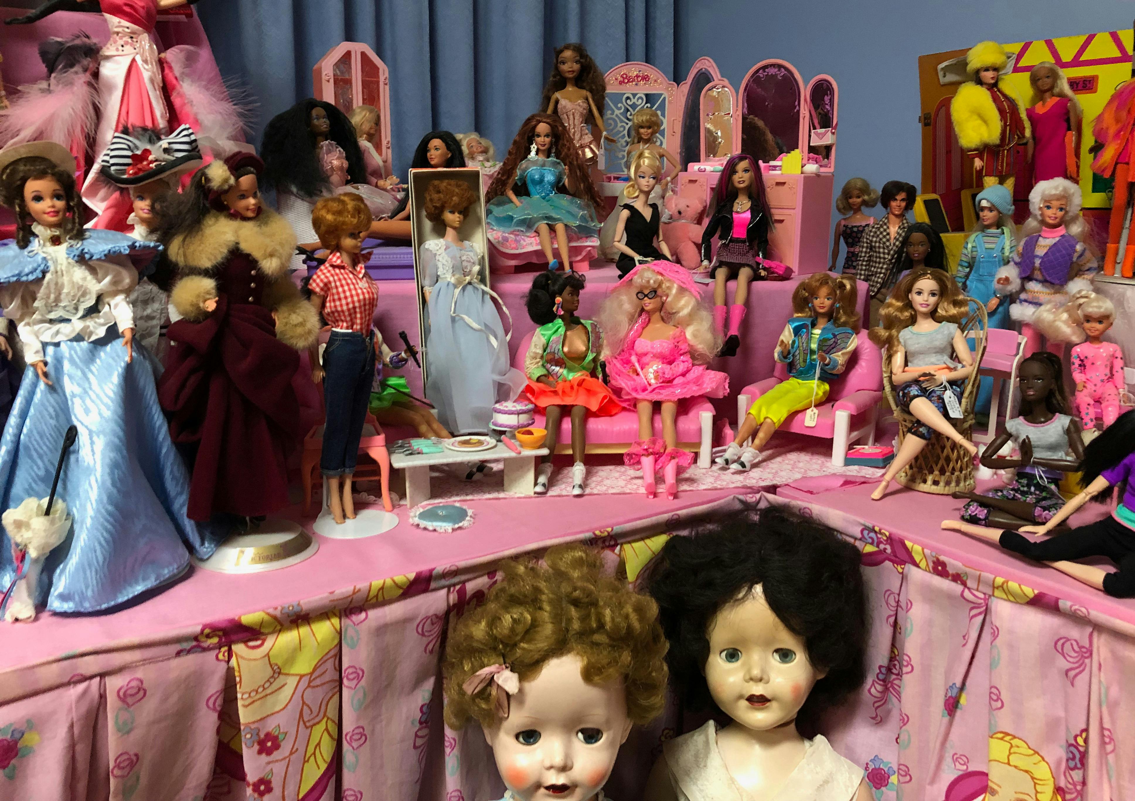Corner display of Barbies