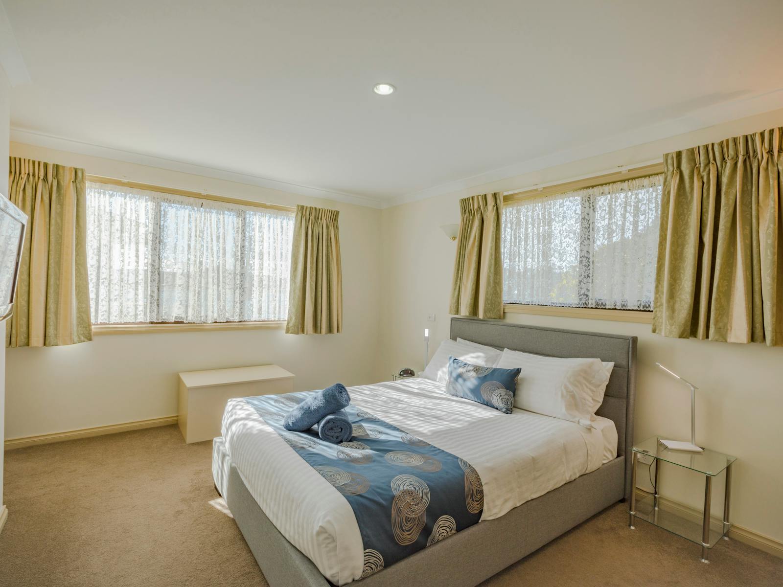 Queen bed upstairs, spa and shower down stairs